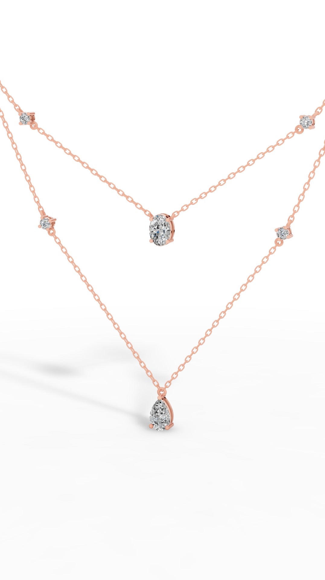 Delicate Layered Necklace With Pear, Oval & Round Cut With Chain 18K Rose Gold 2.5 CTW