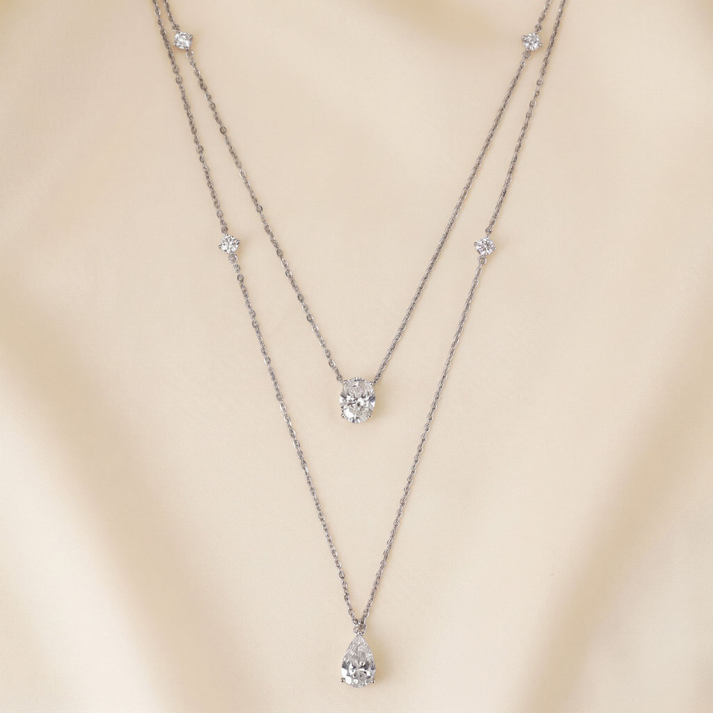 Delicate Layered Necklace With Pear, Oval & Round Cut With Chain 18K White Gold 2.5 CTW