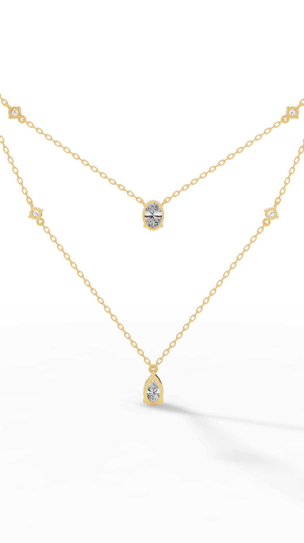 Delicate Layered Necklace With Pear, Oval & Round Cut With Chain 18K Yellow Gold 2.5 CTW