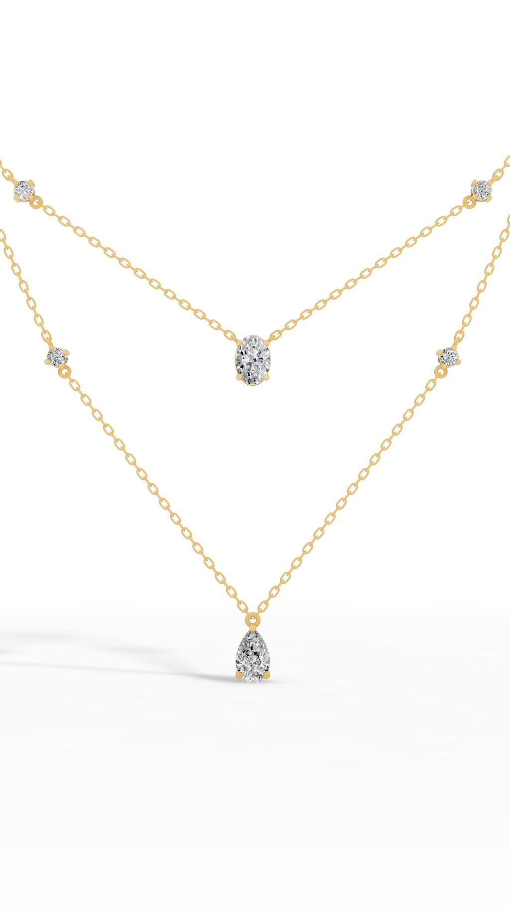 Delicate Layered Necklace With Pear, Oval & Round Cut With Chain 18K Yellow Gold 2.5 CTW