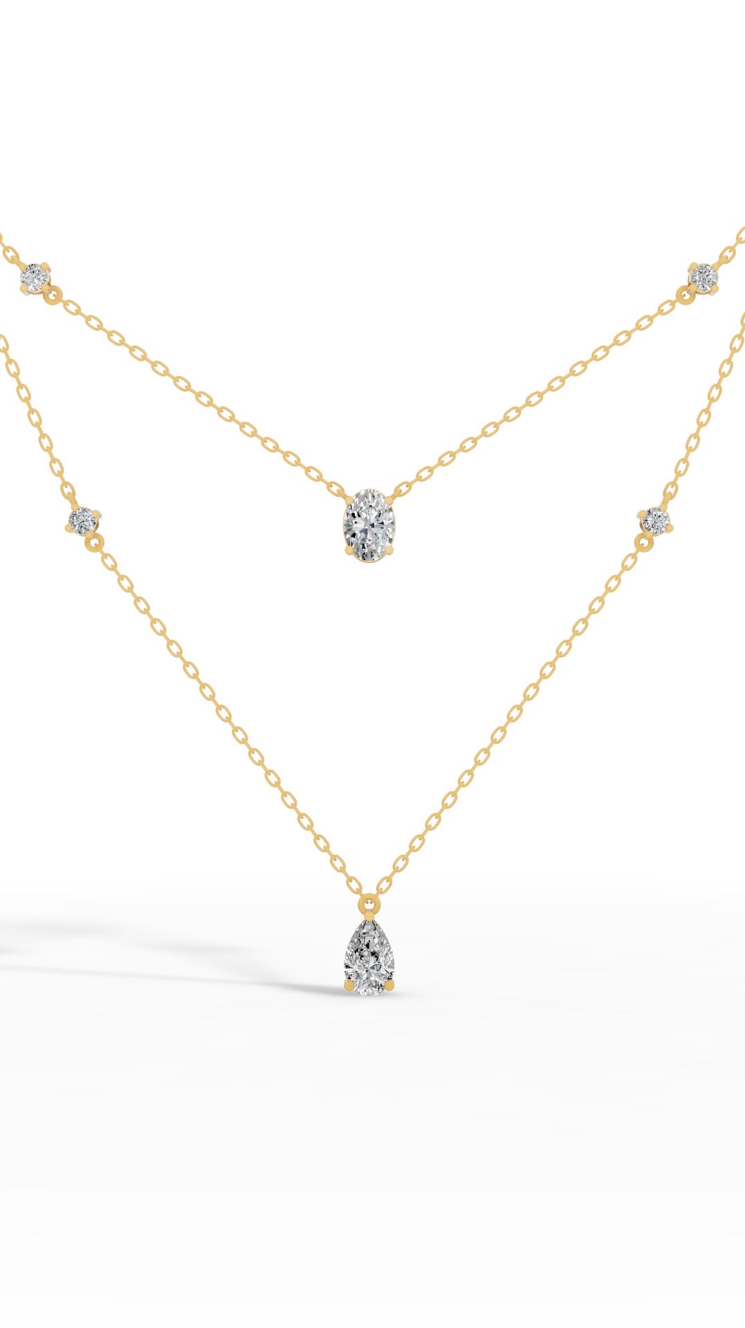 Delicate Layered Necklace With Pear, Oval & Round Cut With Chain 18K Yellow Gold 2.5 CTW