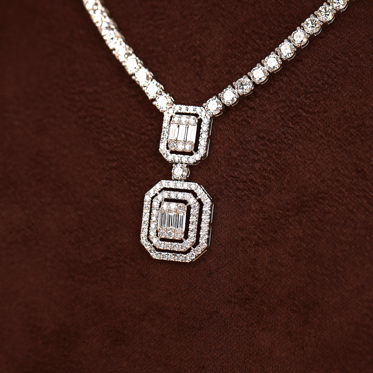 Double Baguette Halo Lab Grown Diamond Tennis Necklace in 10K Rose Gold 10 CTW