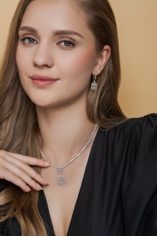 Double Baguette Halo Lab Grown Diamond Tennis Necklace in 10K White Gold 10 CTW