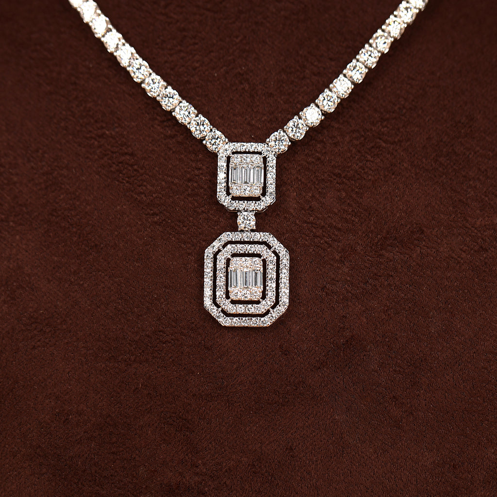 Double Baguette Halo Lab Grown Diamond Tennis Necklace in 10K White Gold 10 CTW
