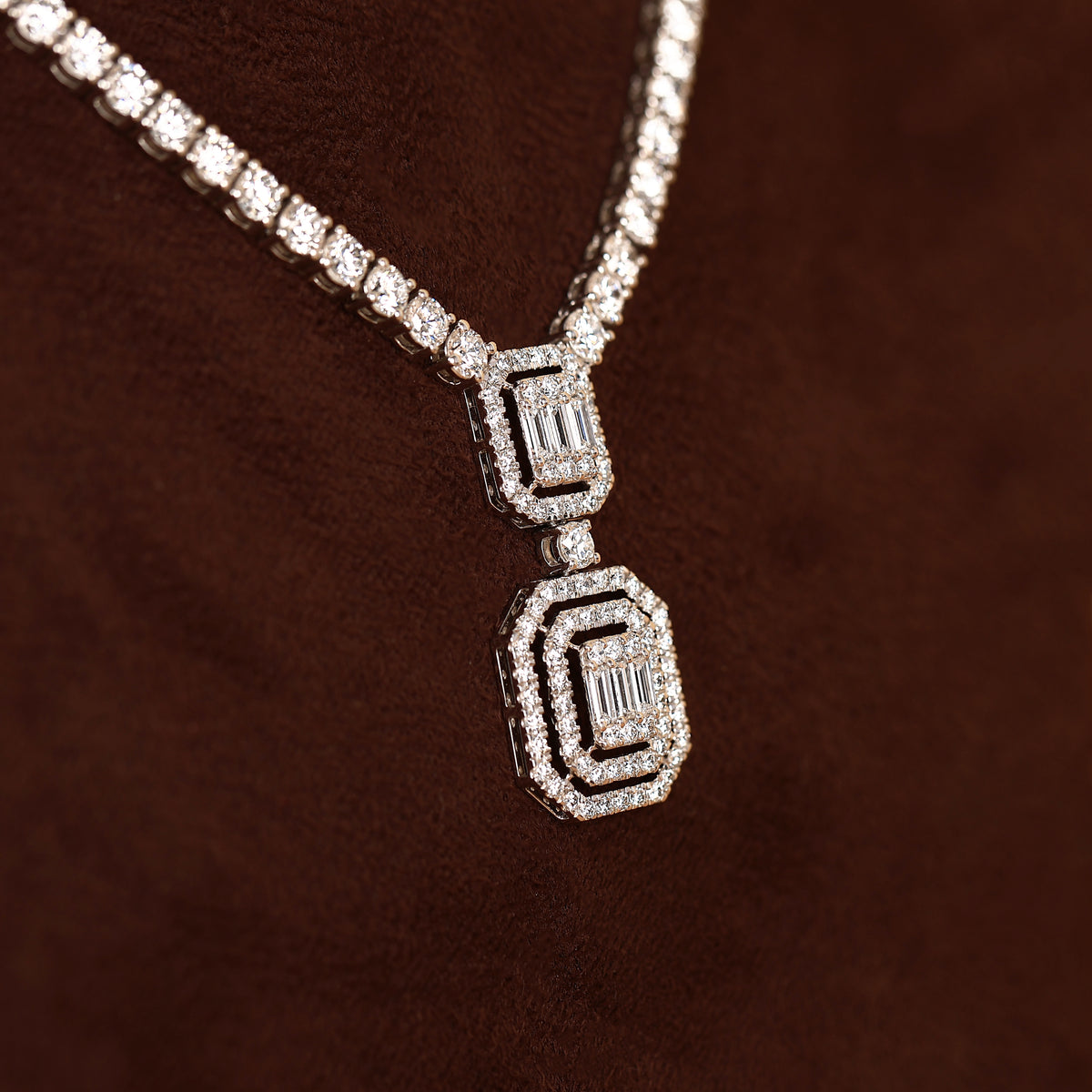 Double Baguette Halo Lab Grown Diamond Tennis Necklace in 14K White Gold 10 CTW