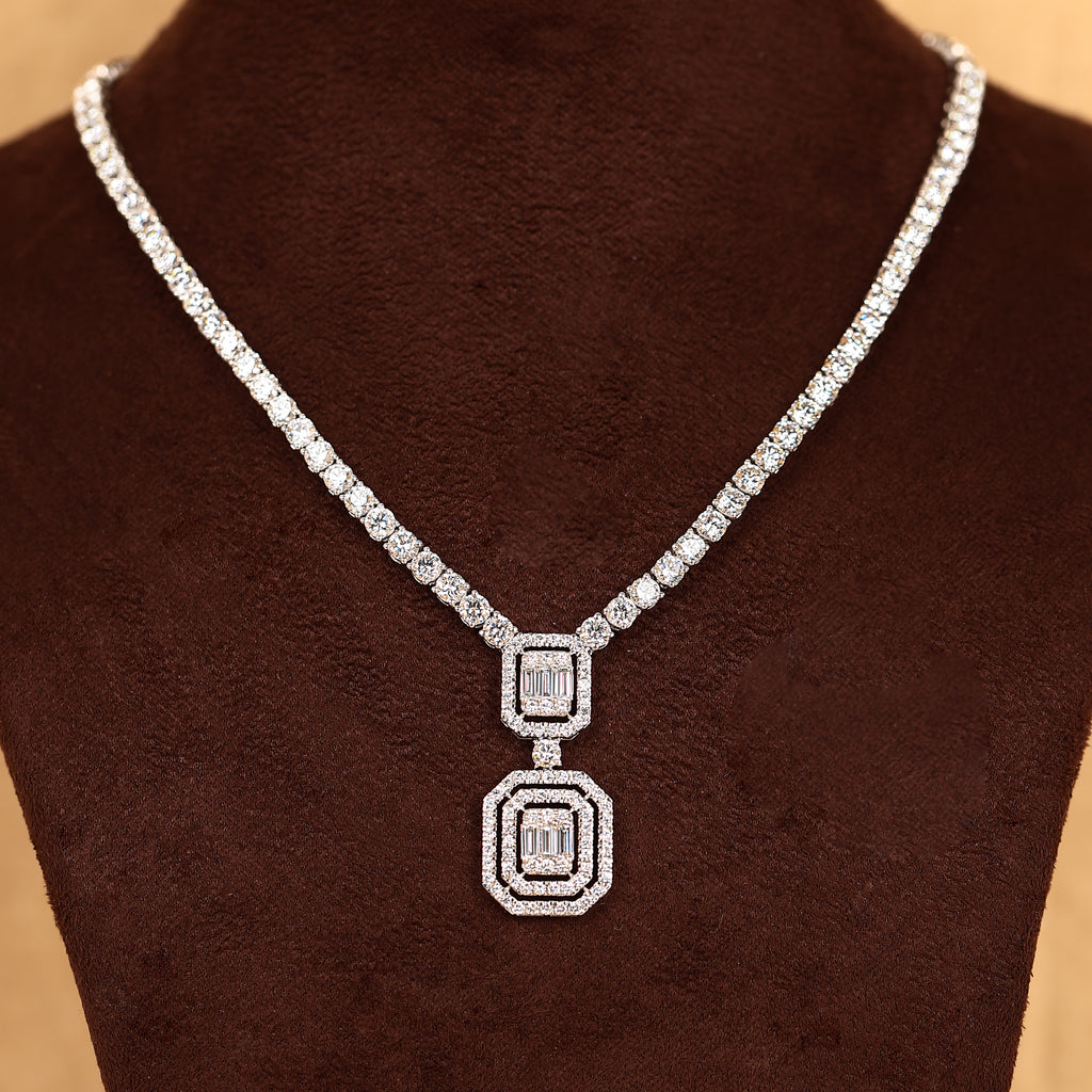Double Baguette Halo Lab Grown Diamond Tennis Necklace in 14K White Gold 10 CTW