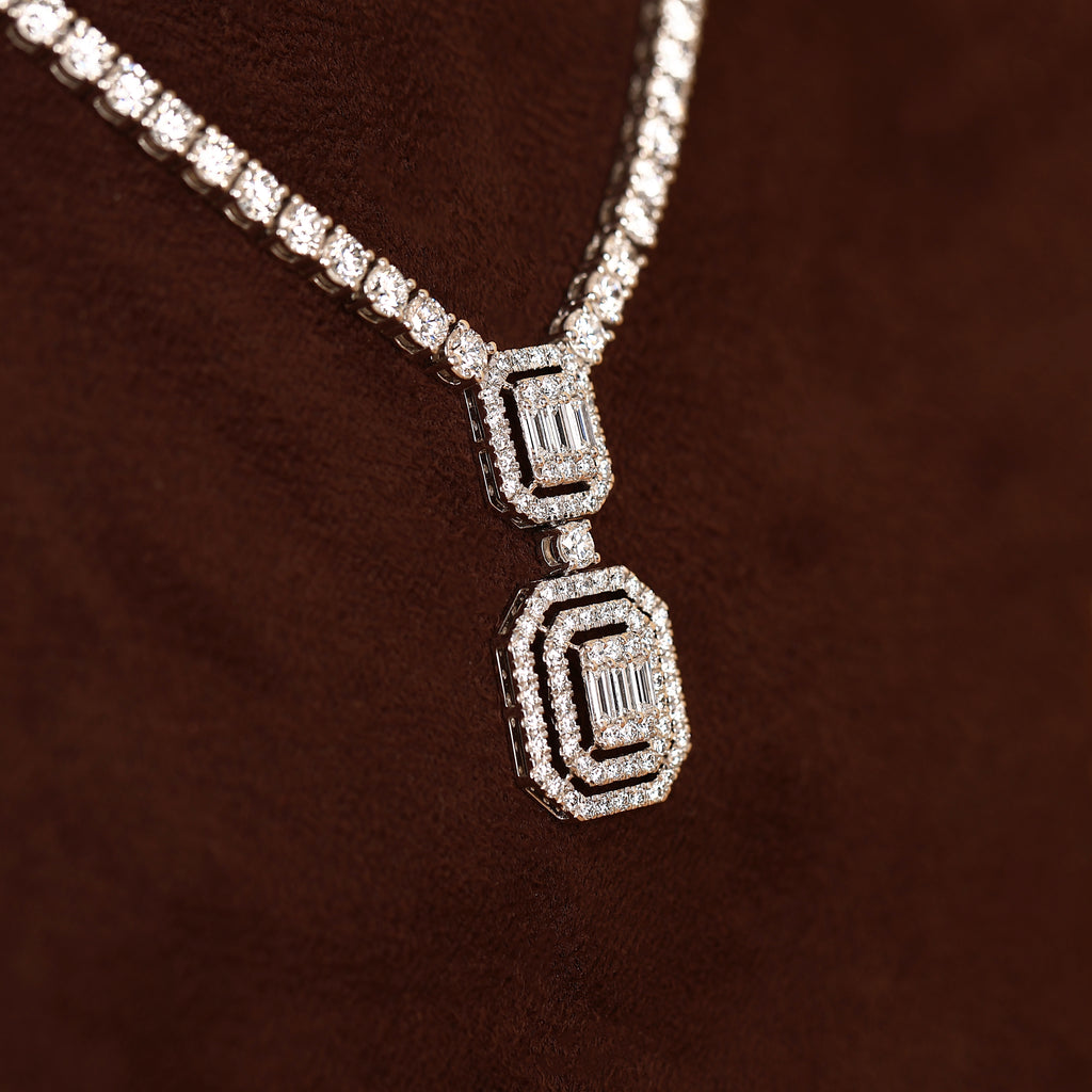 Double Baguette Halo Lab Grown Diamond Tennis Necklace in 14K Yellow Gold 10 CTW