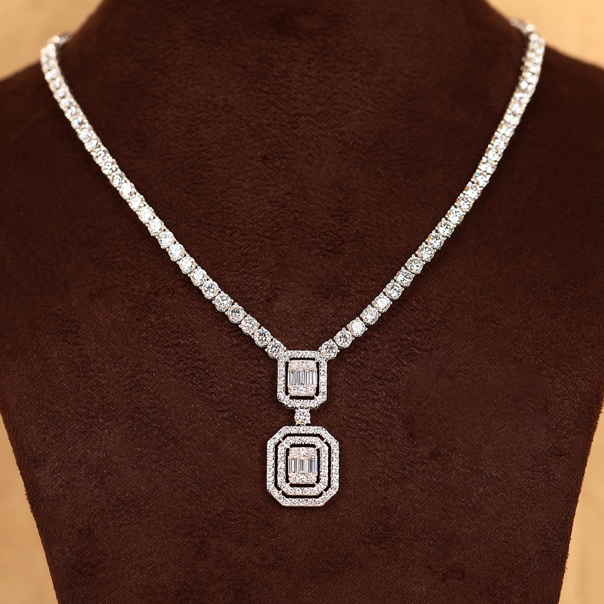 Double Baguette Halo Lab Grown Diamond Tennis Necklace in 18K Rose Gold 10 CTW