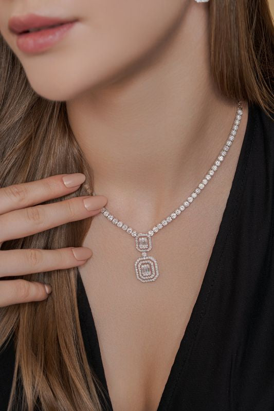 Double Baguette Halo Lab Grown Diamond Tennis Necklace in 18K White Gold 10 CTW