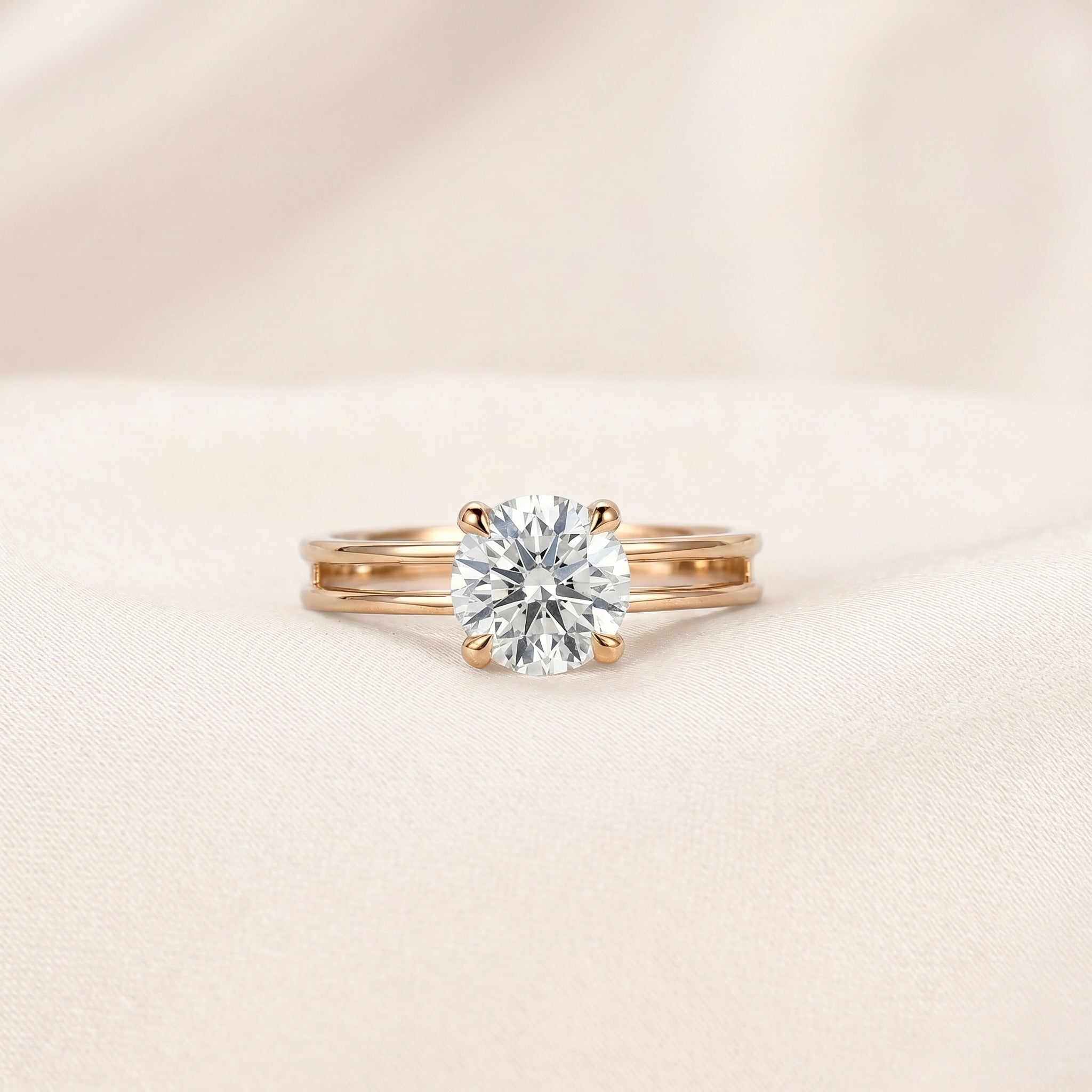 Double Band Round Lab Grown Diamond Solitaire Ring in 14K Rose Gold 1.5 CTW