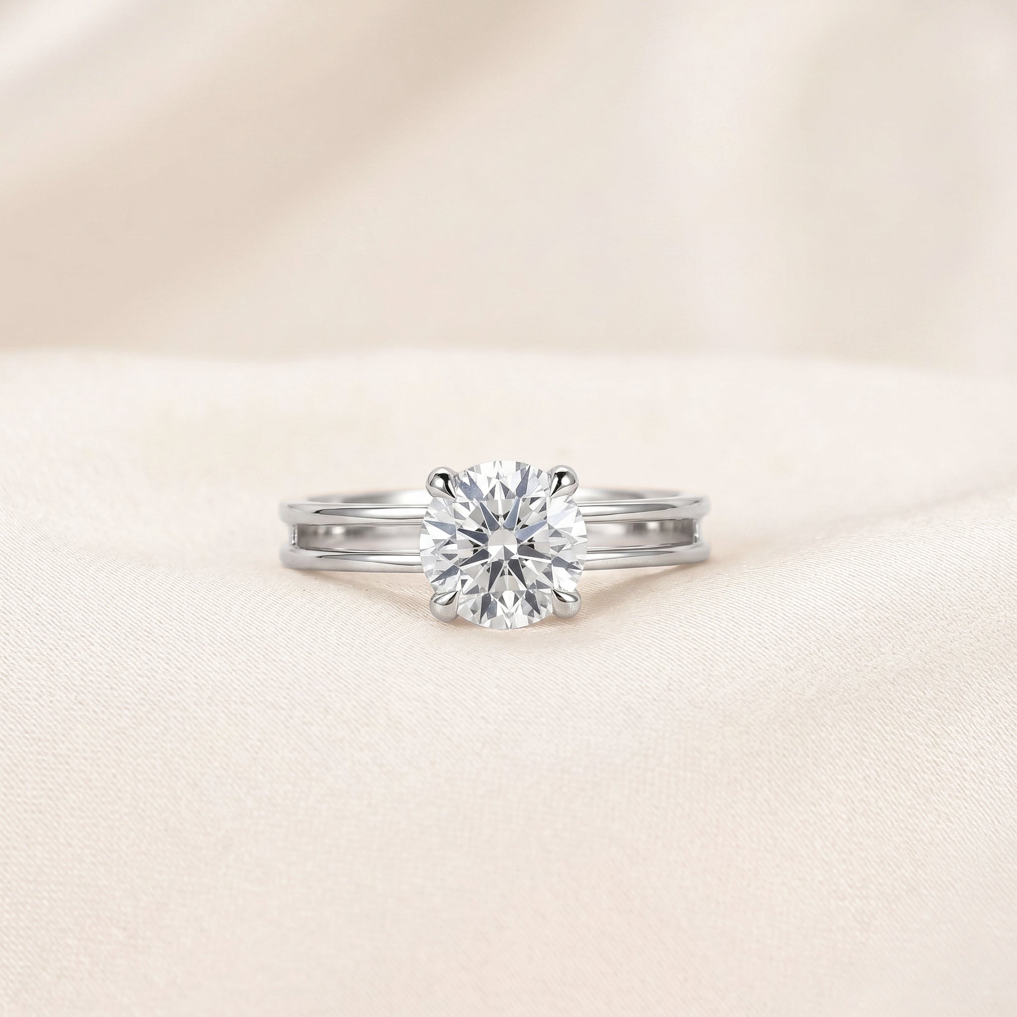 Double Band Round Lab Grown Diamond Solitaire Ring in 14K White Gold 1.5 CTW