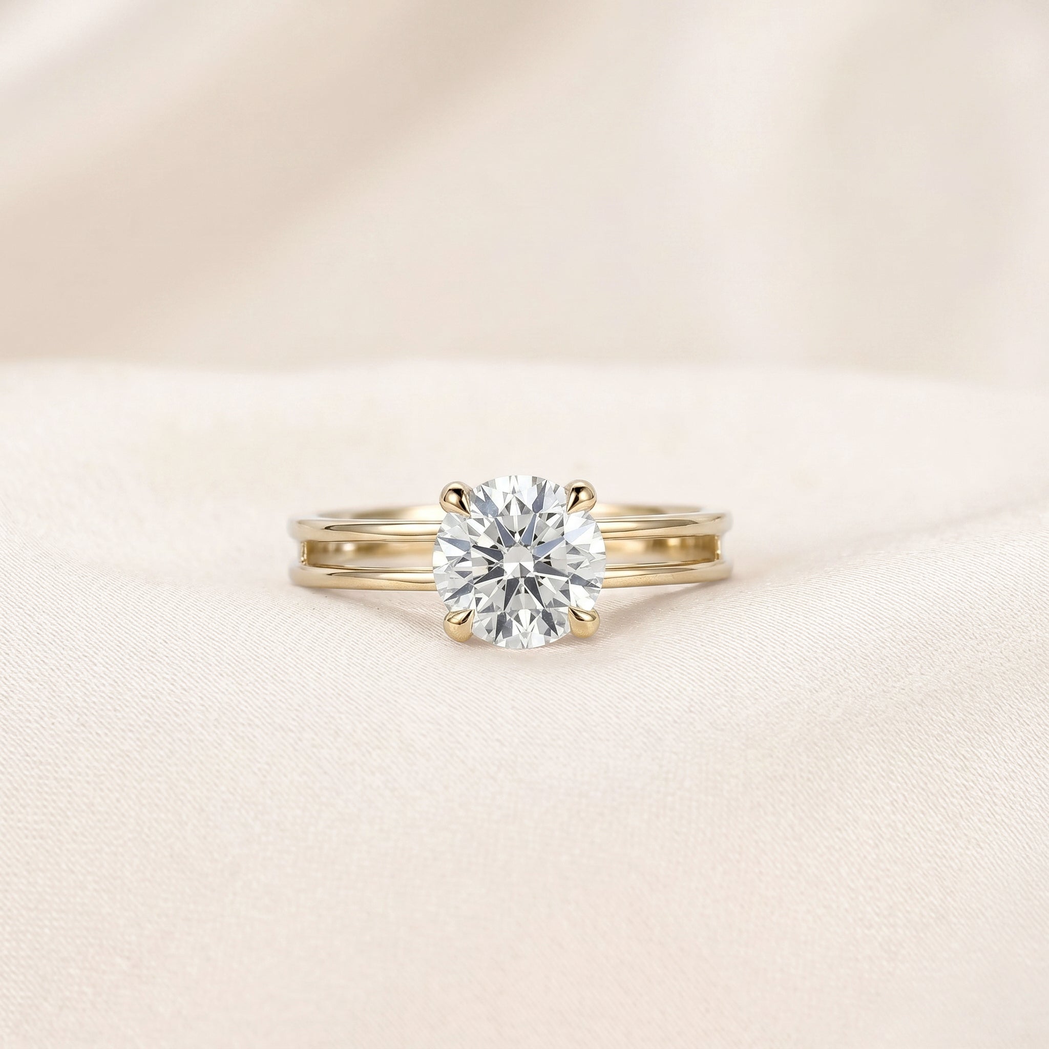 Double Band Round Lab Grown Diamond Solitaire Ring in 14K Yellow Gold 1.5 CTW