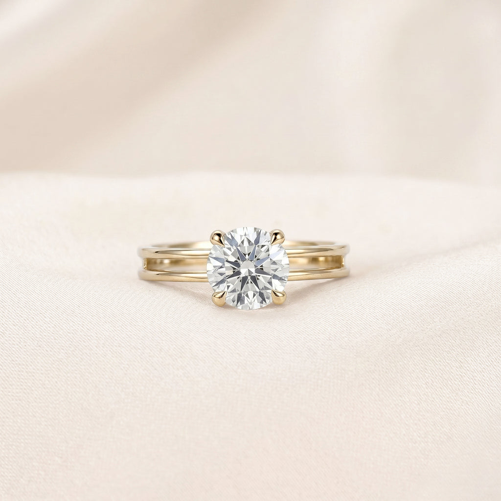 Double Band Round Lab Grown Diamond Solitaire Ring in 18K Yellow Gold 1.5 CTW
