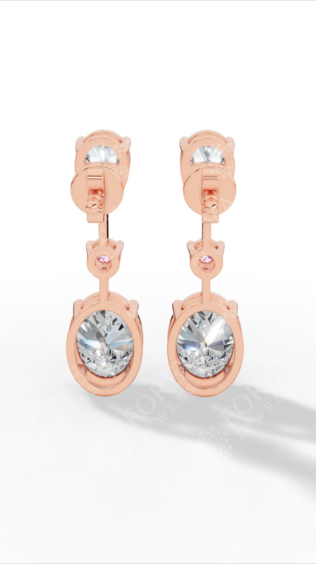 Double Charm Drop Earrings With Combination Of Pear, Pink Round & Oval Cut 10K Rose Gold 2.8 CTW
