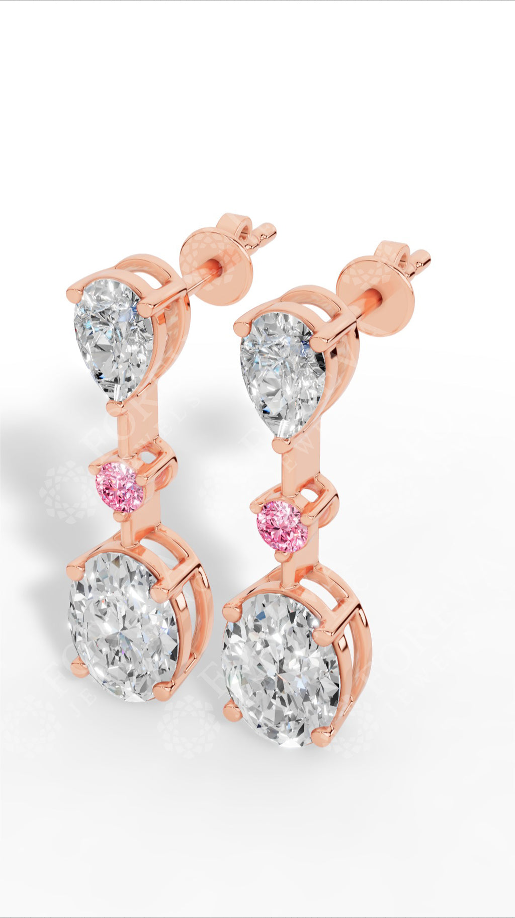 Double Charm Drop Earrings With Combination Of Pear, Pink Round & Oval Cut 10K Rose Gold 2.8 CTW