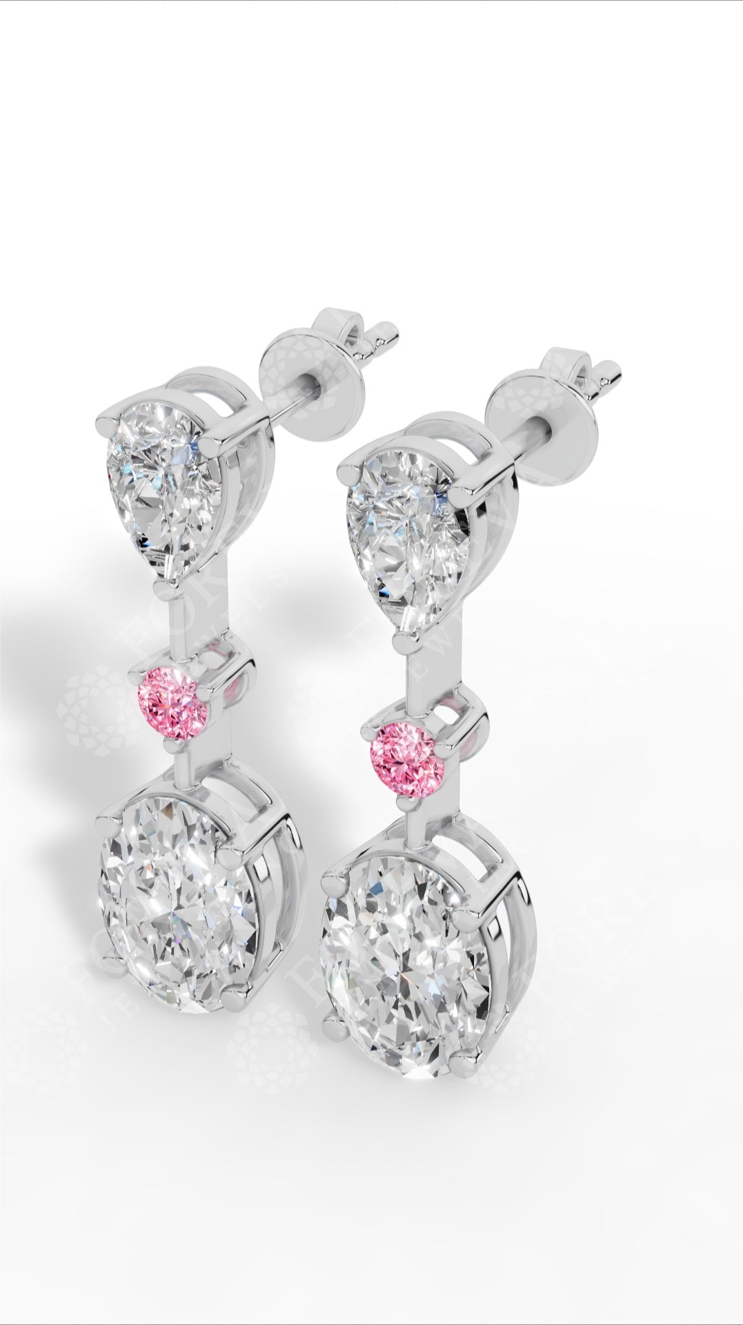Double Charm Drop Earrings With Combination Of Pear, Pink Round & Oval Cut 10K White Gold 2.8 CTW