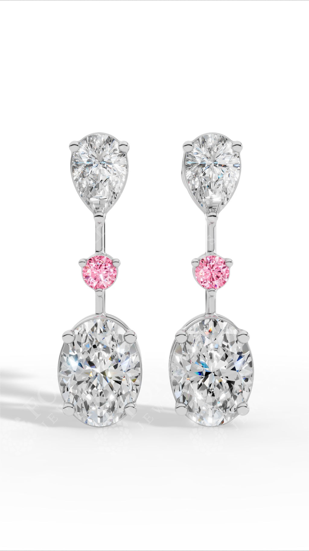 Double Charm Drop Earrings With Combination Of Pear, Pink Round & Oval Cut 10K White Gold 2.8 CTW