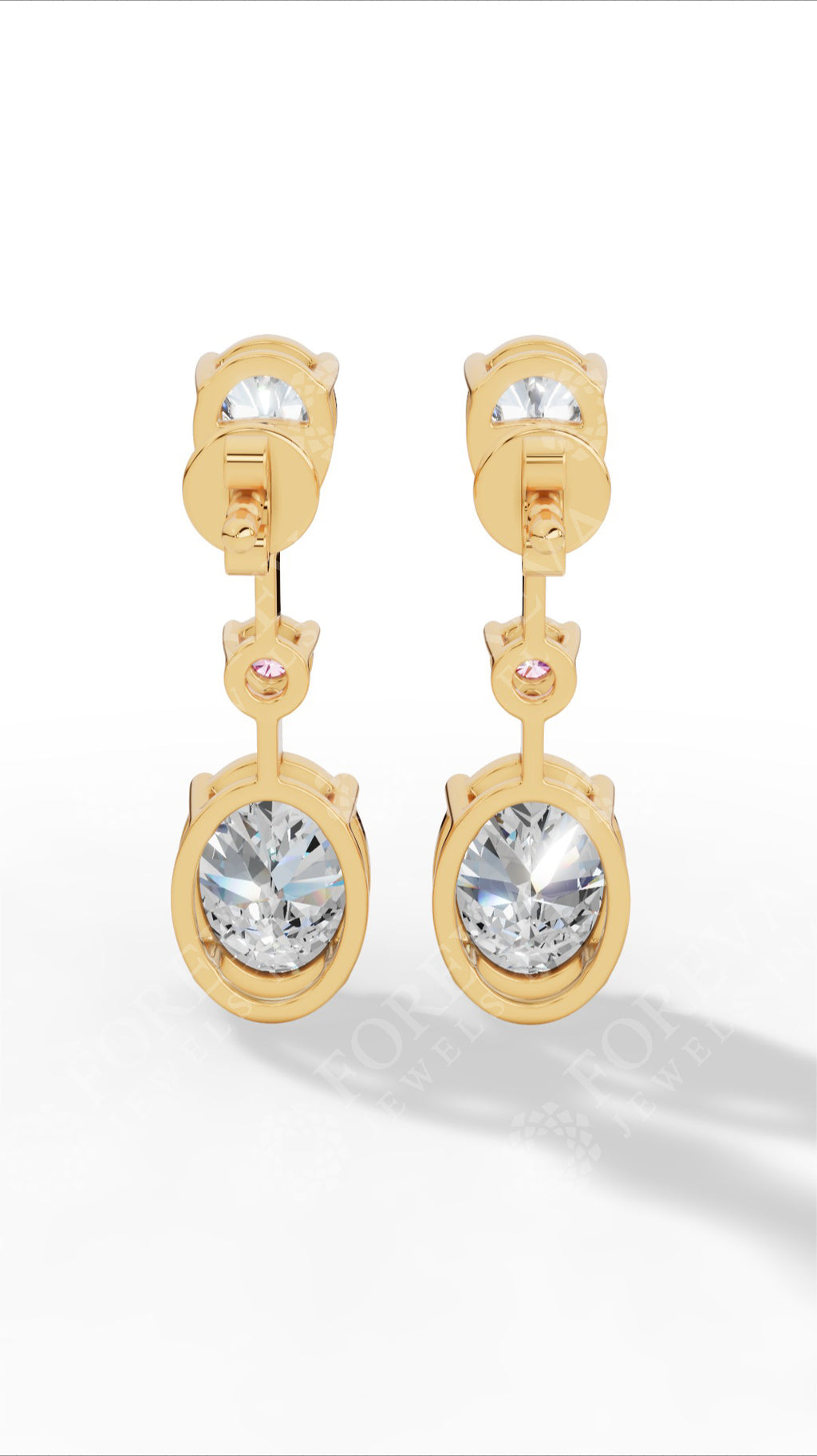 Double Charm Drop Earrings With Combination Of Pear, Pink Round & Oval Cut 10K Yellow Gold 2.8 CTW