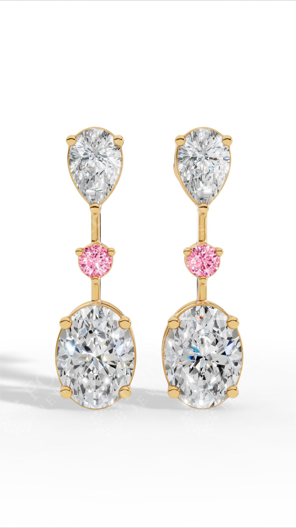 Double Charm Drop Earrings With Combination Of Pear, Pink Round & Oval Cut 10K Yellow Gold 2.8 CTW