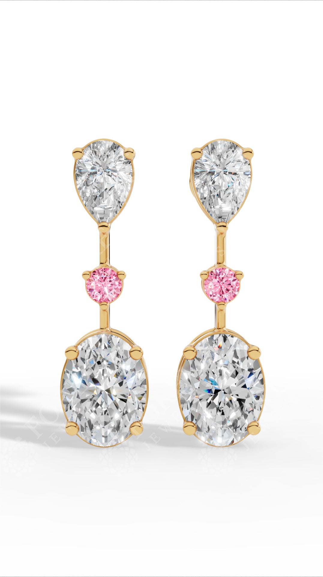 Double Charm Drop Earrings With Combination Of Pear, Pink Round & Oval Cut 10K Yellow Gold 2.8 CTW