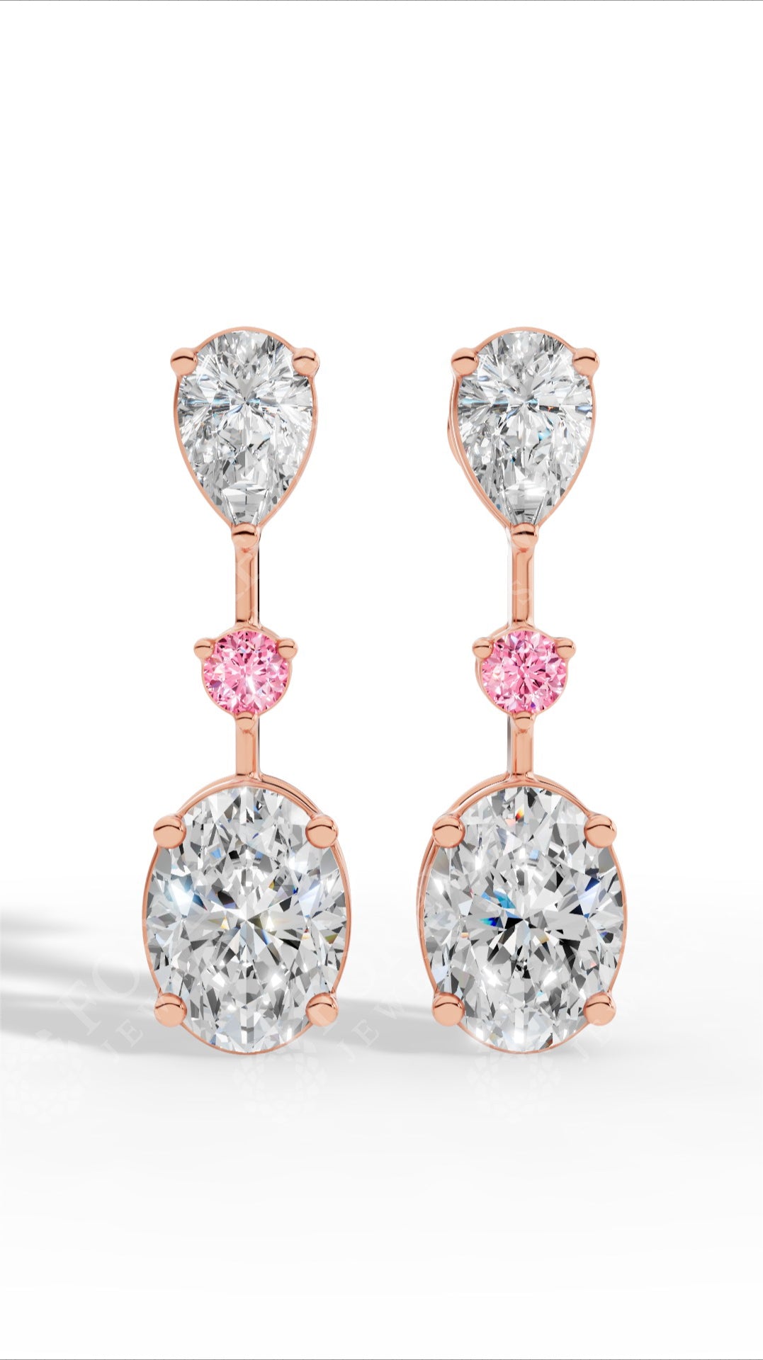 Double Charm Drop Earrings With Combination Of Pear, Pink Round & Oval Cut 14K Rose Gold 2.8 CTW