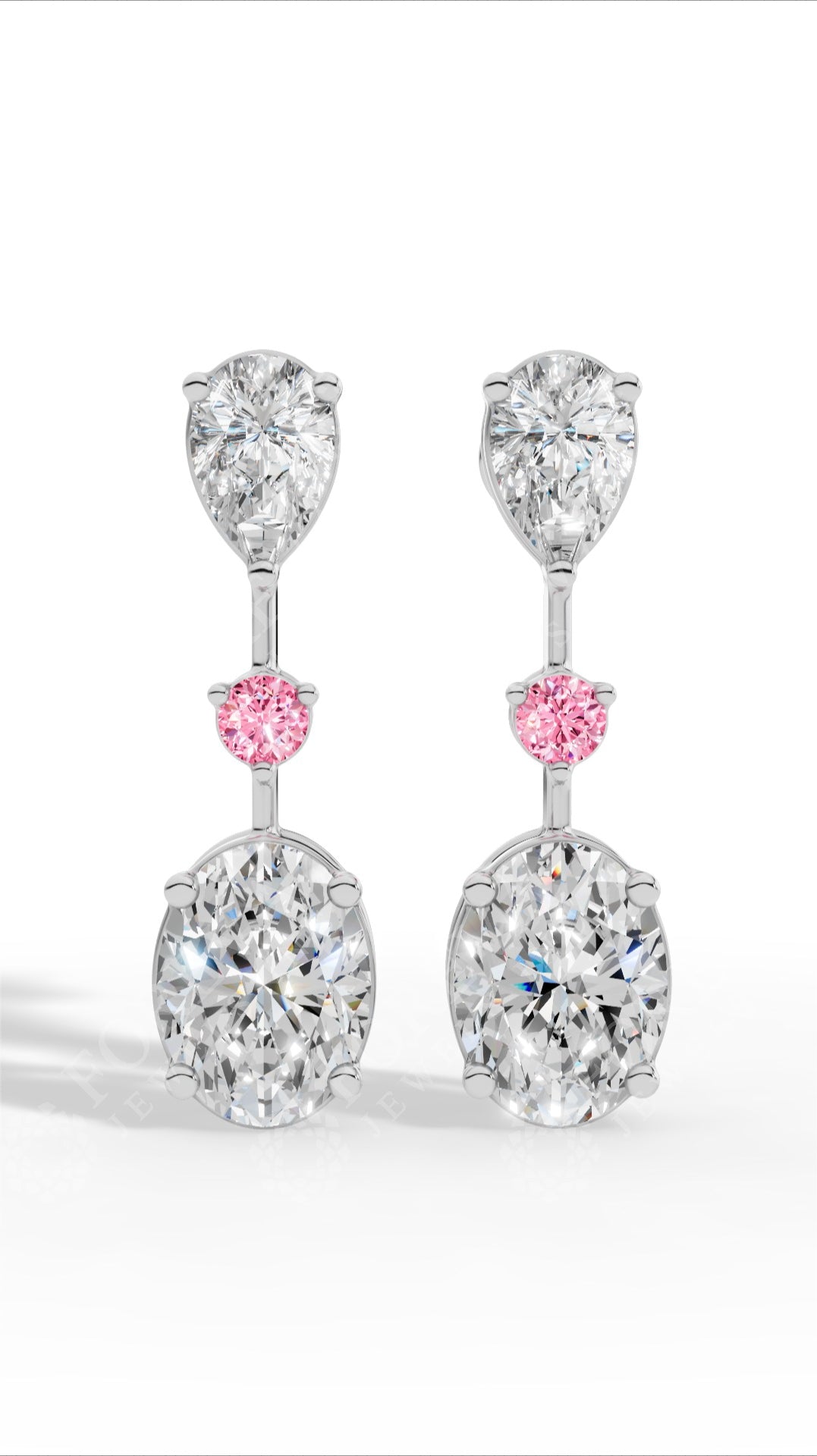 Double Charm Drop Earrings With Combination Of Pear, Pink Round & Oval Cut 14K White Gold 2.8 CTW