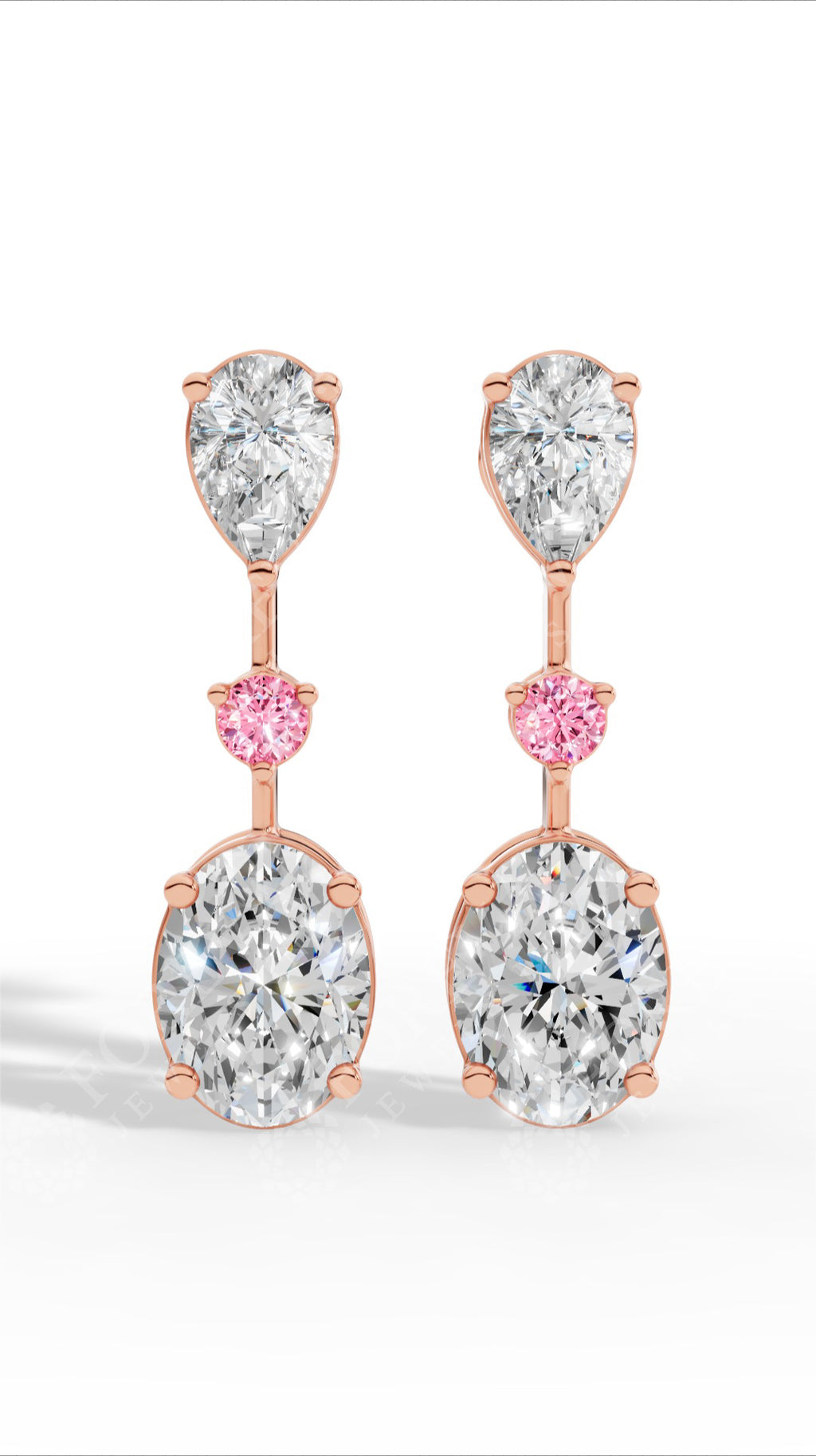 Double Charm Drop Earrings With Combination Of Pear, Pink Round & Oval Cut 18K Rose Gold 2.8 CTW