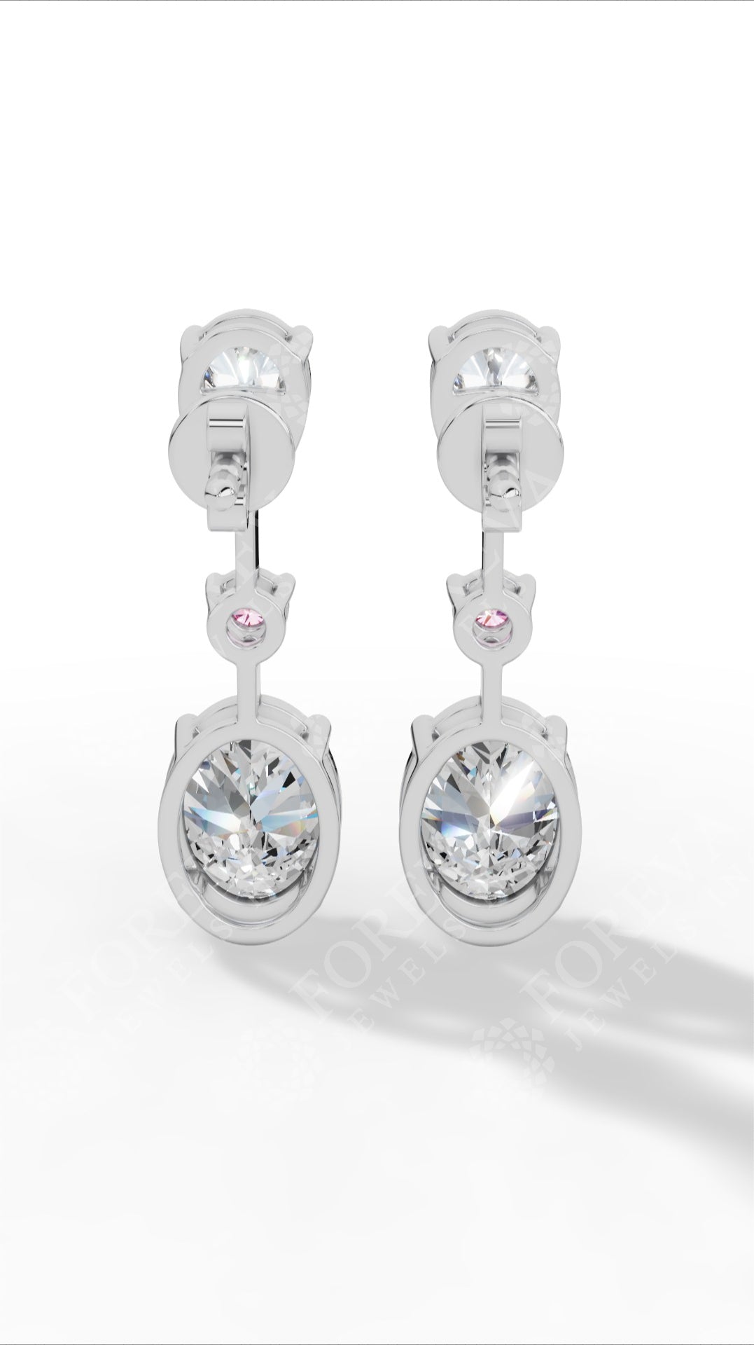 Double Charm Drop Earrings With Combination Of Pear, Pink Round & Oval Cut 18K White Gold 2.8 CTW