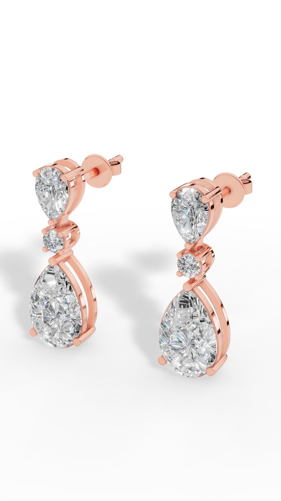 Double Charm Drop Earrings With Combination Of Round & Pear Cut 10K Rose Gold 3.5 CTW