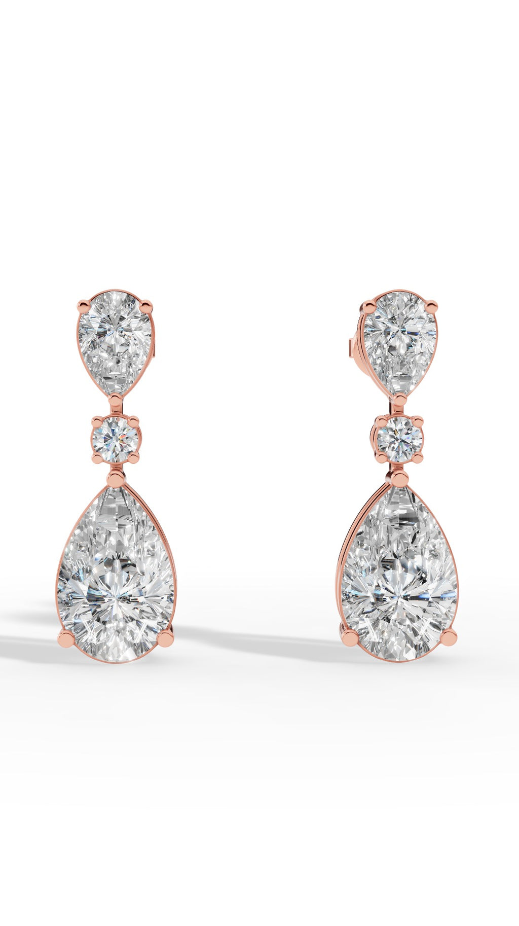 Double Charm Drop Earrings With Combination Of Round & Pear Cut 10K Rose Gold 3.5 CTW