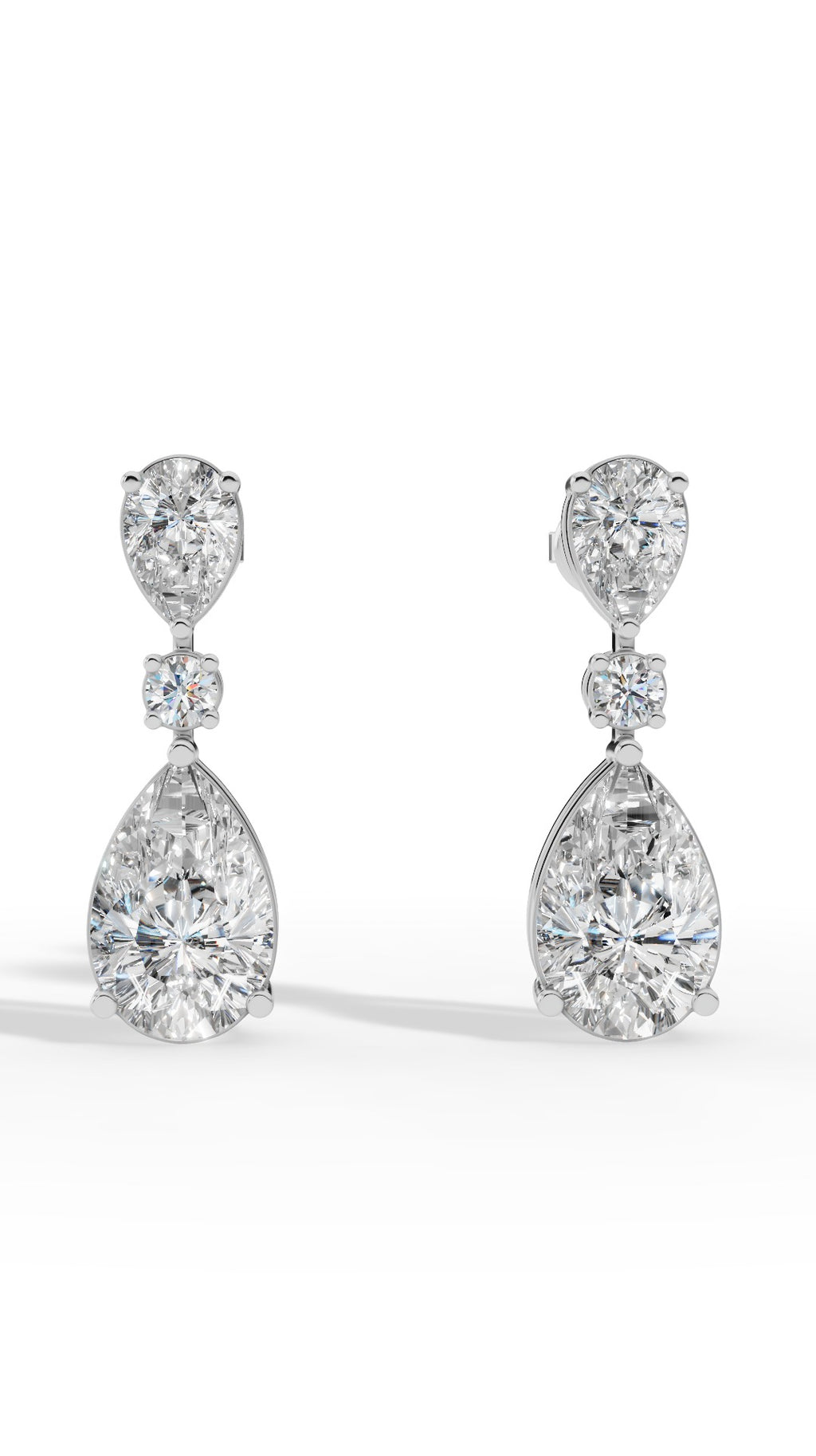 Double Charm Drop Earrings With Combination Of Round & Pear Cut 10K White Gold 3.5 CTW