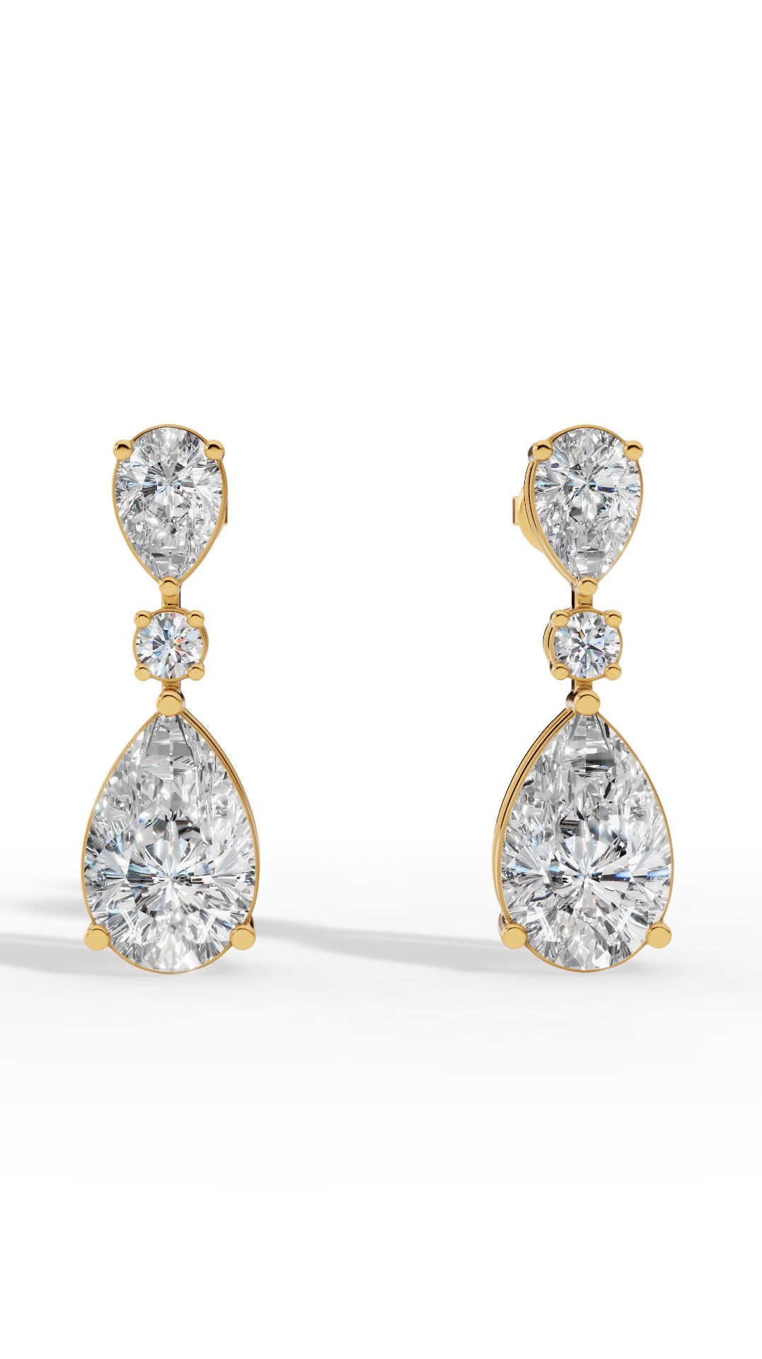 Double Charm Drop Earrings With Combination Of Round & Pear Cut 14K Yellow Gold 3.5 CTW
