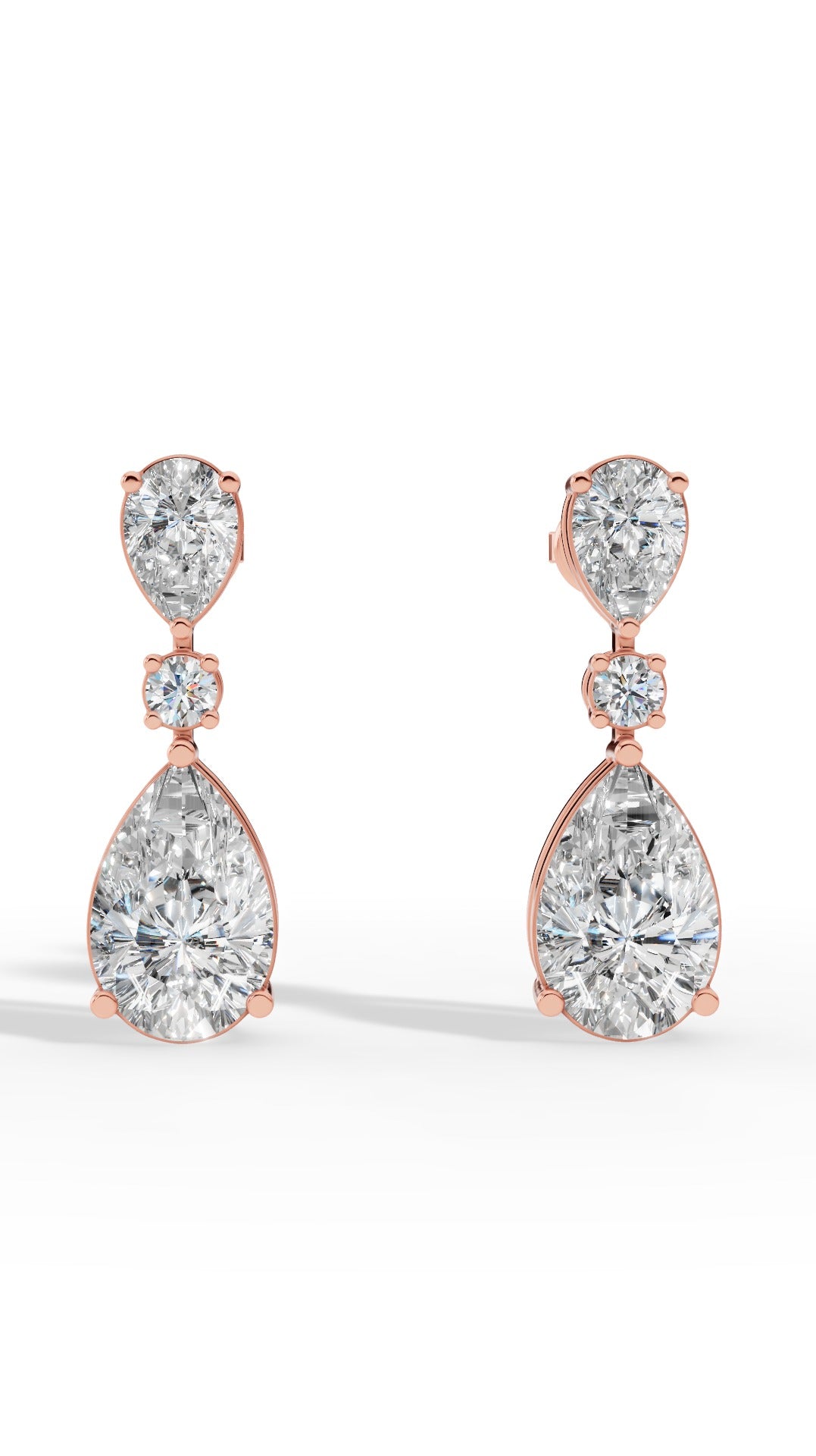 Double Charm Drop Earrings With Combination Of Round & Pear Cut 18K Rose Gold 3.5 CTW