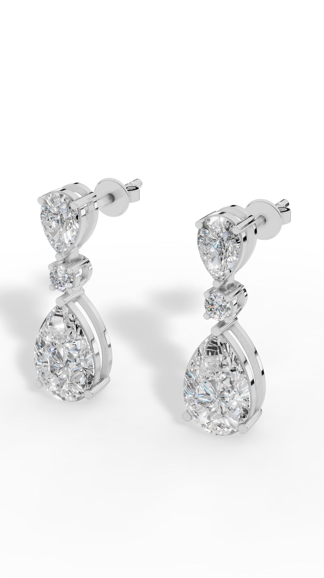 Double Charm Drop Earrings With Combination Of Round & Pear Cut 18K White Gold 3.5 CTW