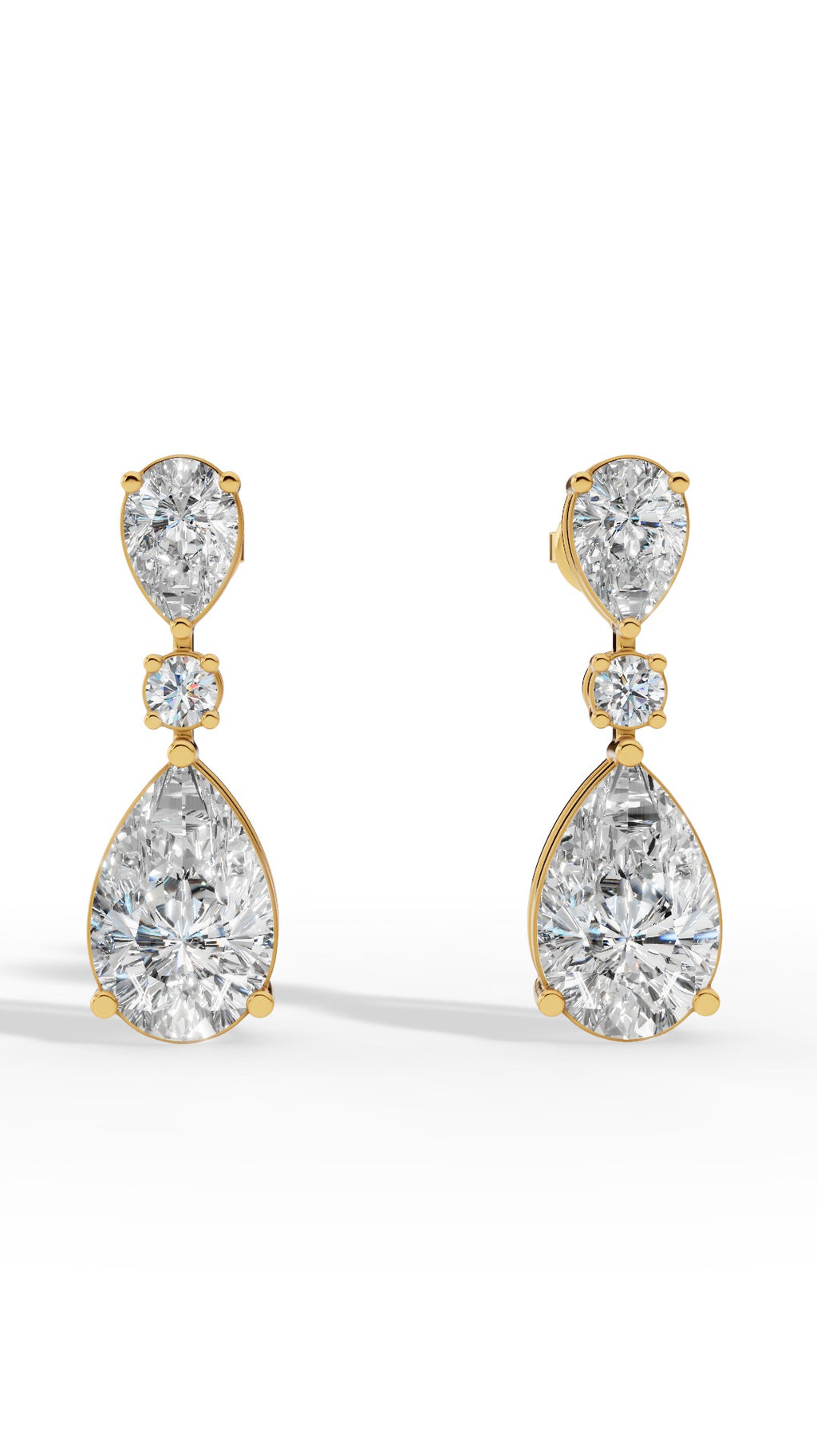Double Charm Drop Earrings With Combination Of Round & Pear Cut 18K Yellow Gold 3.5 CTW