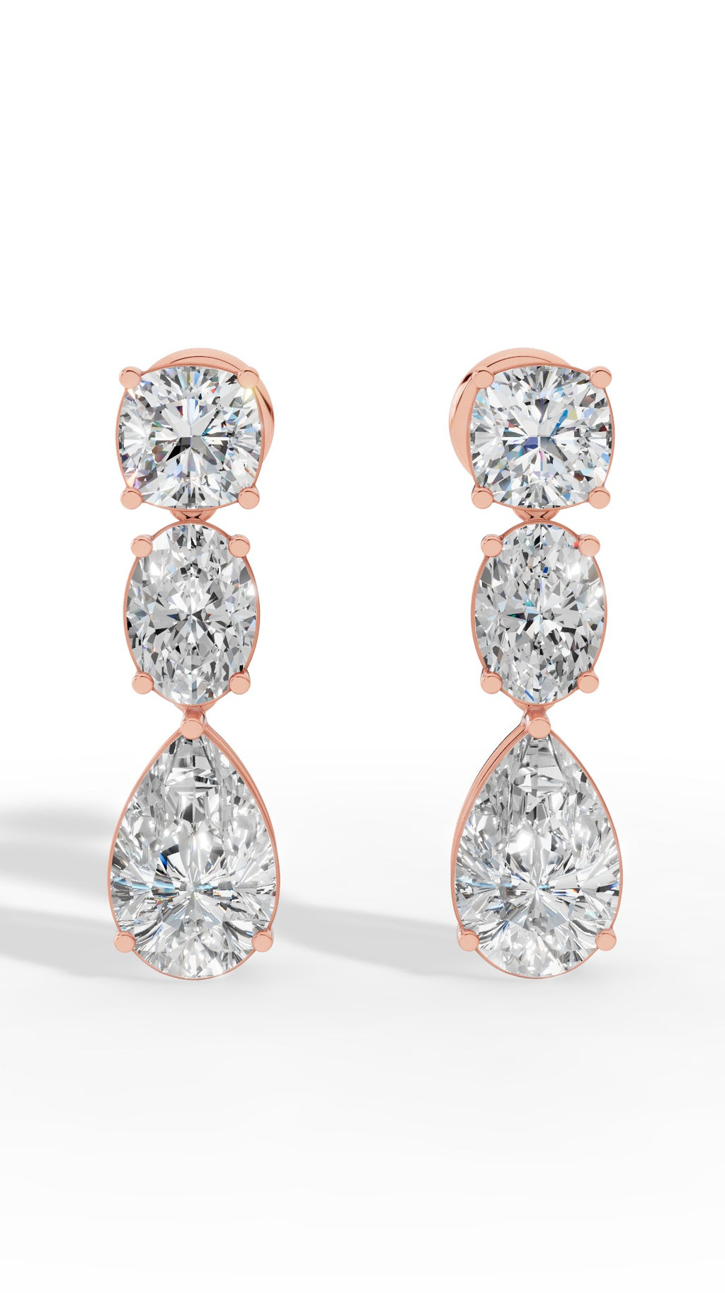 Drop Earrings With Combination Of Cushion, Oval, & Pear Cut Stones 14K Rose Gold 4.0 CTW