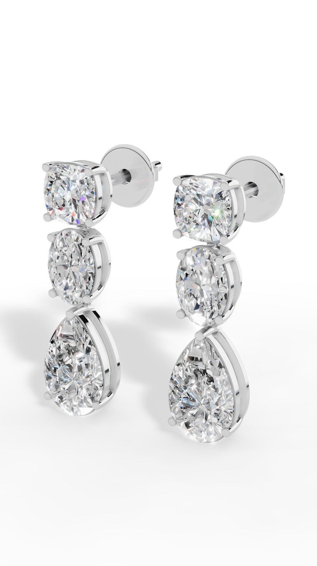 Drop Earrings With Combination Of Cushion, Oval, & Pear Cut Stones 14K White Gold 4.0 CTW