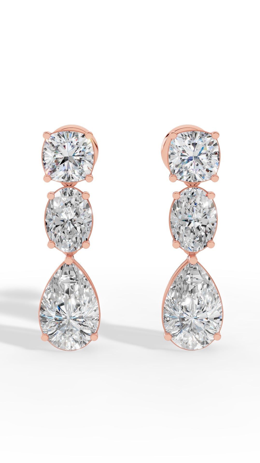 Drop Earrings With Combination Of Cushion, Oval, & Pear Cut Stones 18K Rose Gold 4.0 CTW