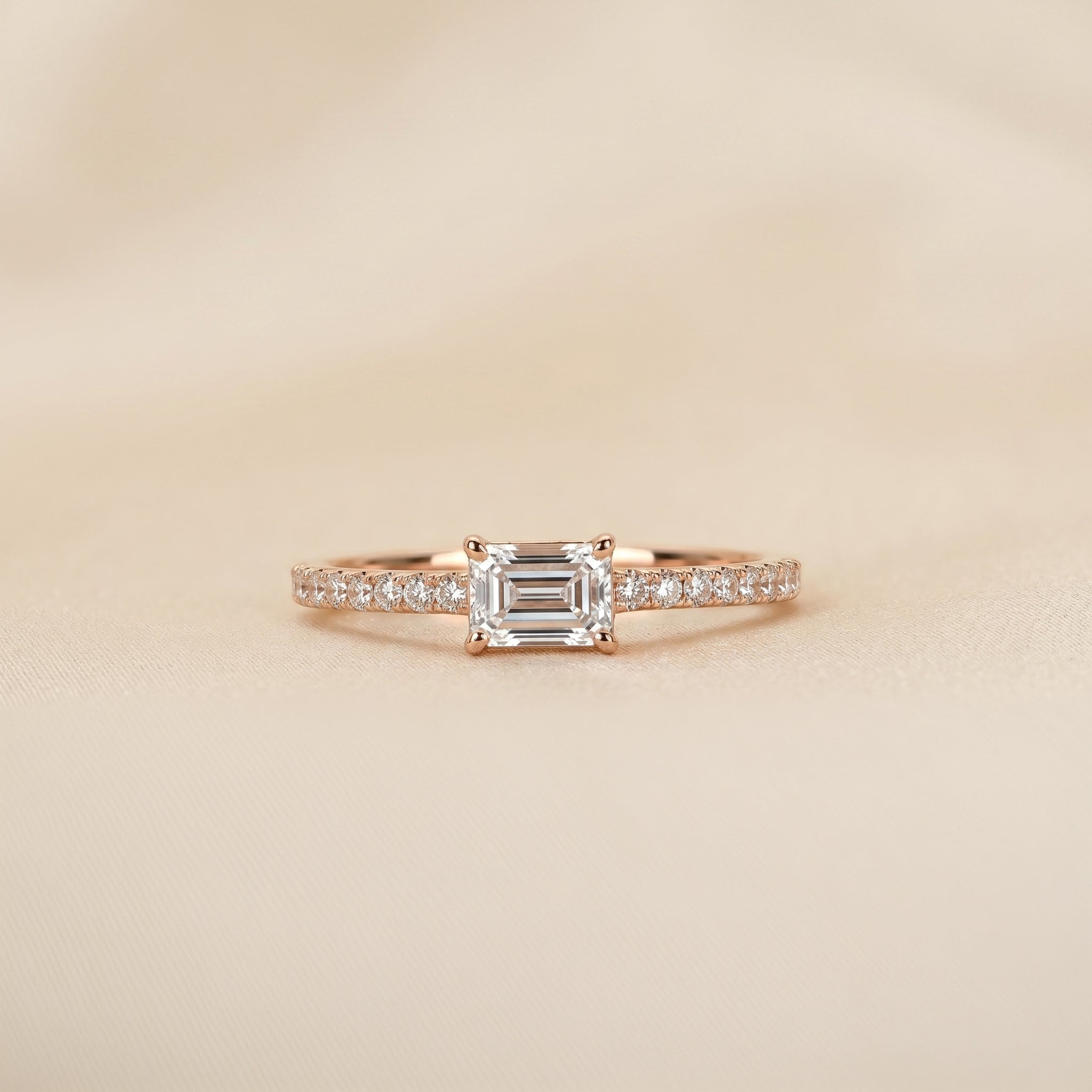 East-West Emerald Lab Grown Diamond Side Stone Ring in 10K Rose Gold 0.66 CTW