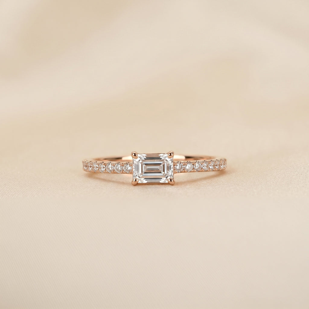 East-West Emerald Lab Grown Diamond Side Stone Ring in 14K Rose Gold 0.66 CTW