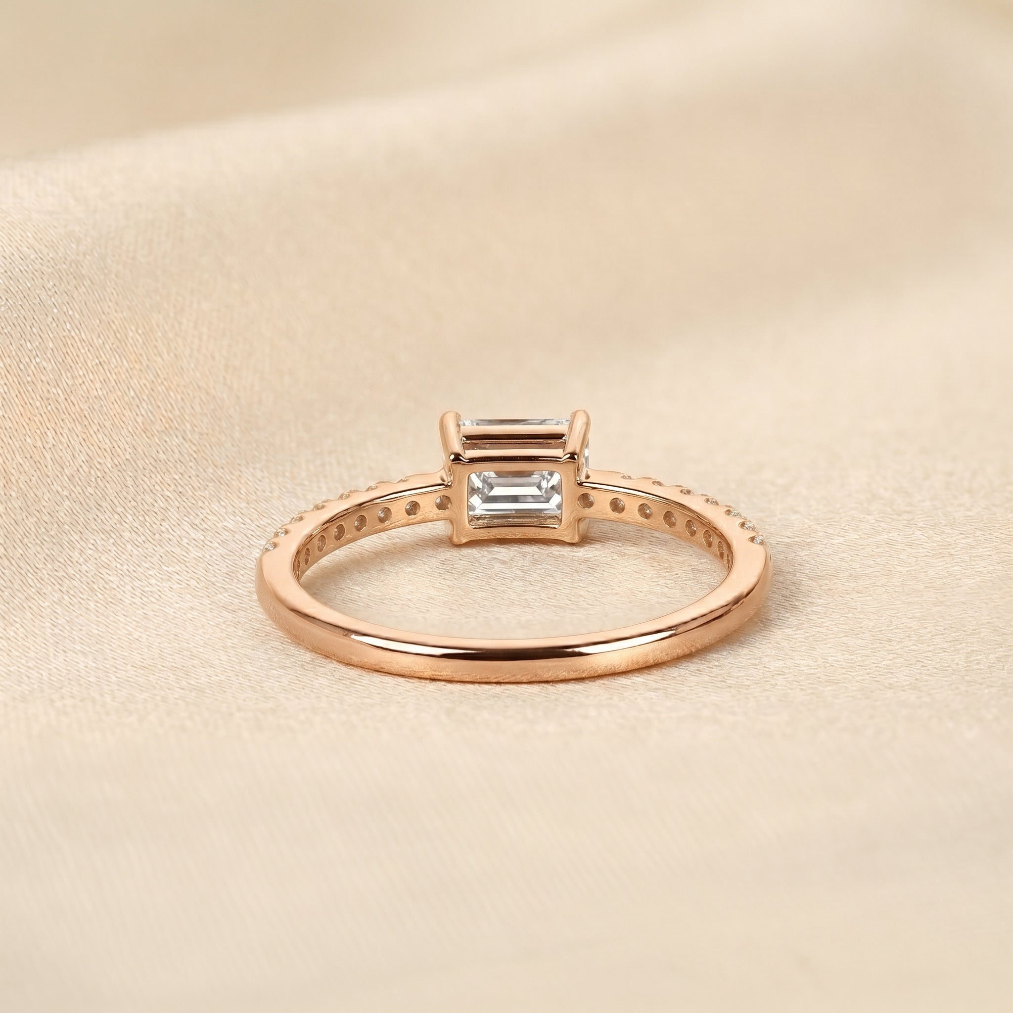 East-West Emerald Lab Grown Diamond Side Stone Ring in 18K Rose Gold 0.66 CTW