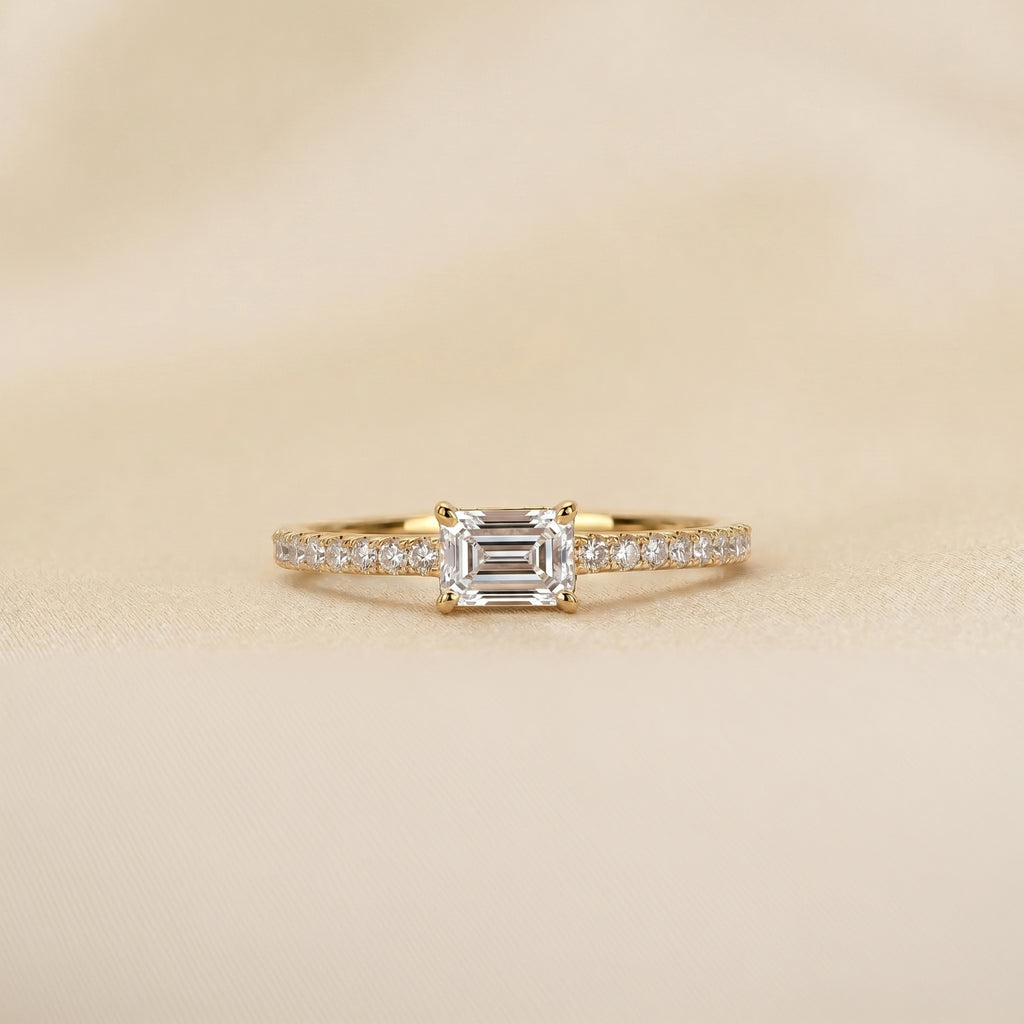 East-West Emerald Lab Grown Diamond Side Stone Ring in 18K Yellow Gold 0.66 CTW