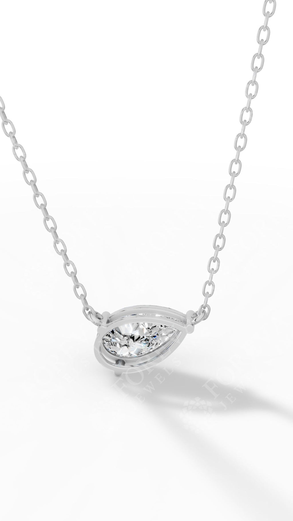 East West Solitaire Pear Cut Necklace In Lab Grown Diamond With Chain white gold back