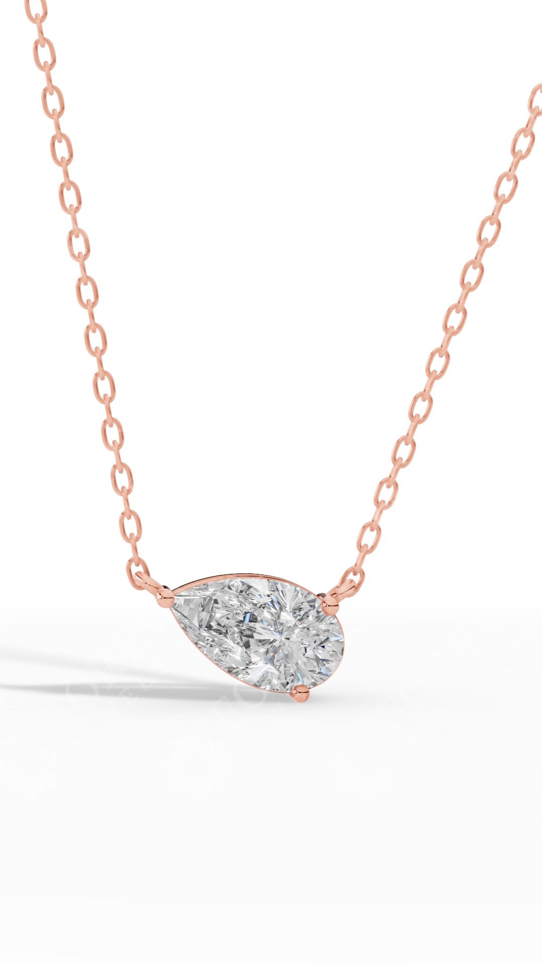 East West Solitaire Pear Cut Necklace In With Chain 10K Rose Gold 2.2 CTW