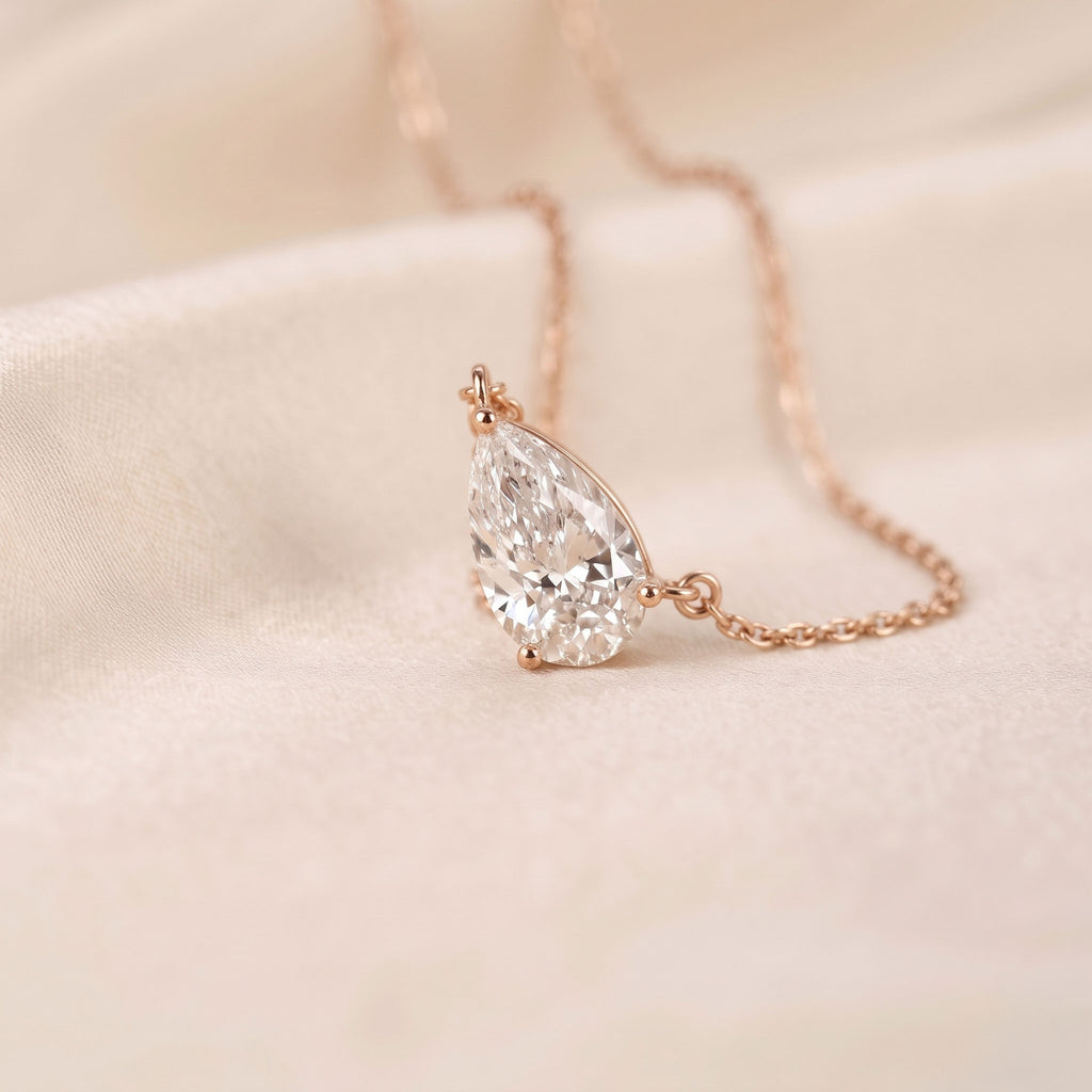 East West Solitaire Pear Cut Necklace In With Chain 10K Rose Gold 2 CTW