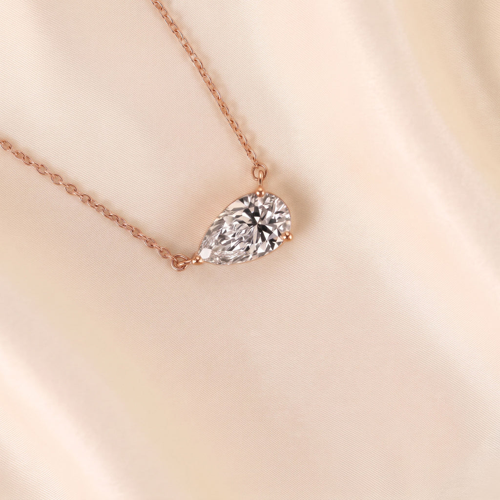 East West Solitaire Pear Cut Necklace In With Chain 10K Rose Gold 2 CTW