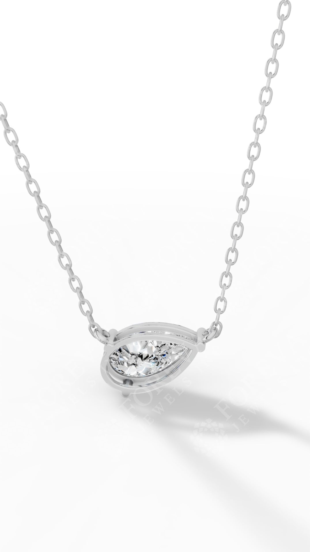 East West Solitaire Pear Cut Necklace In With Chain 10K White Gold 2.2 CTW