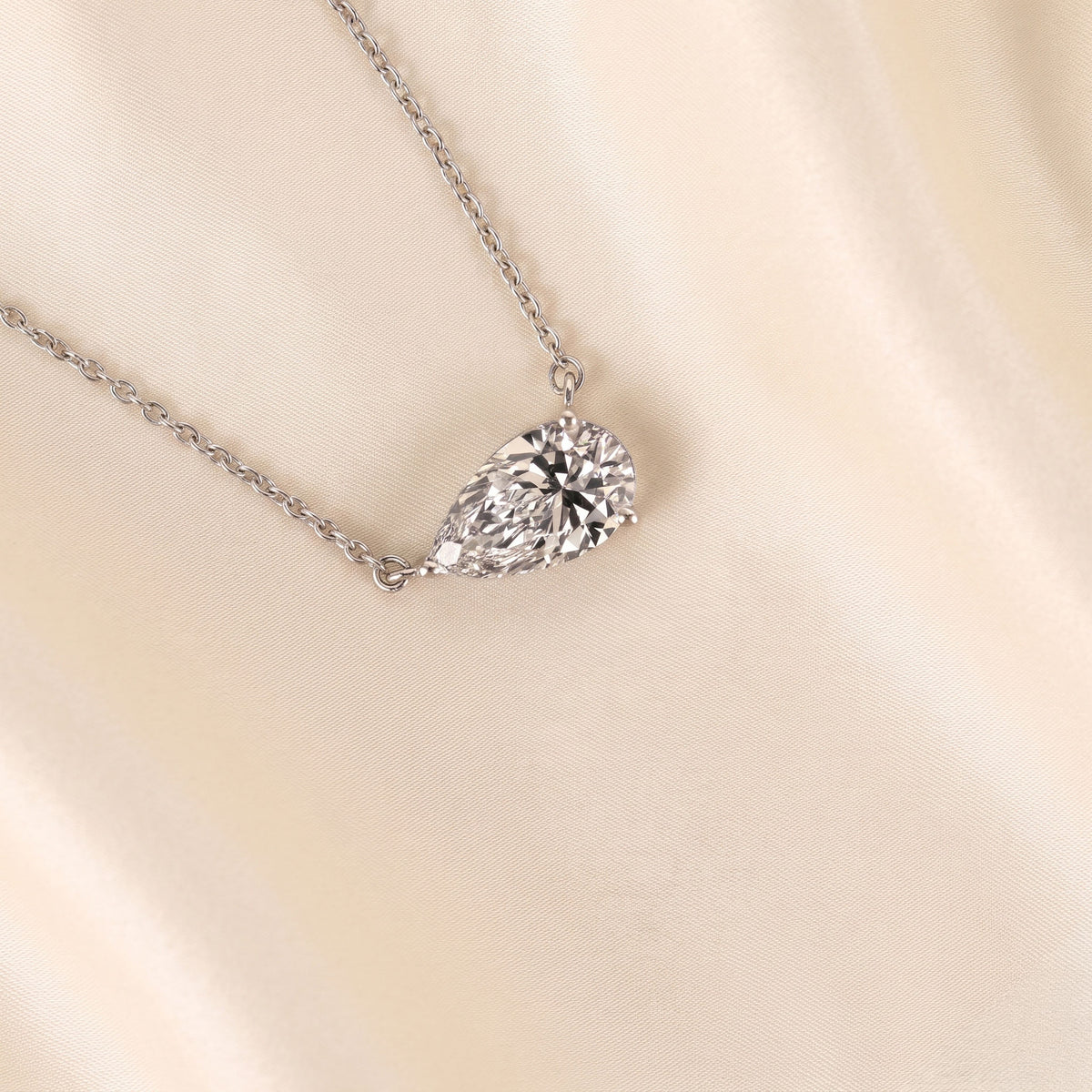 East West Solitaire Pear Cut Necklace In With Chain 10K White Gold 2 CTW