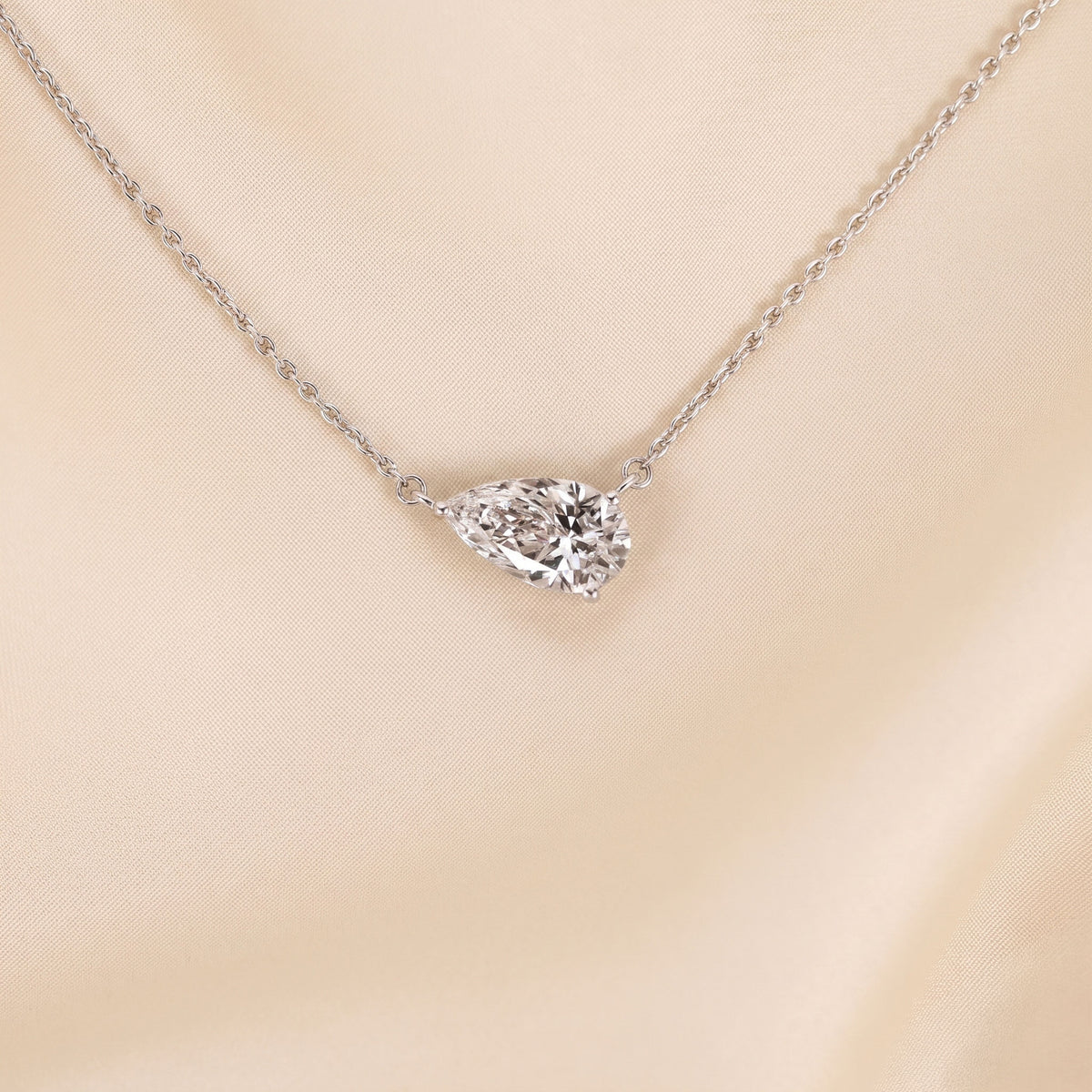 East West Solitaire Pear Cut Necklace In With Chain 10K White Gold 2 CTW