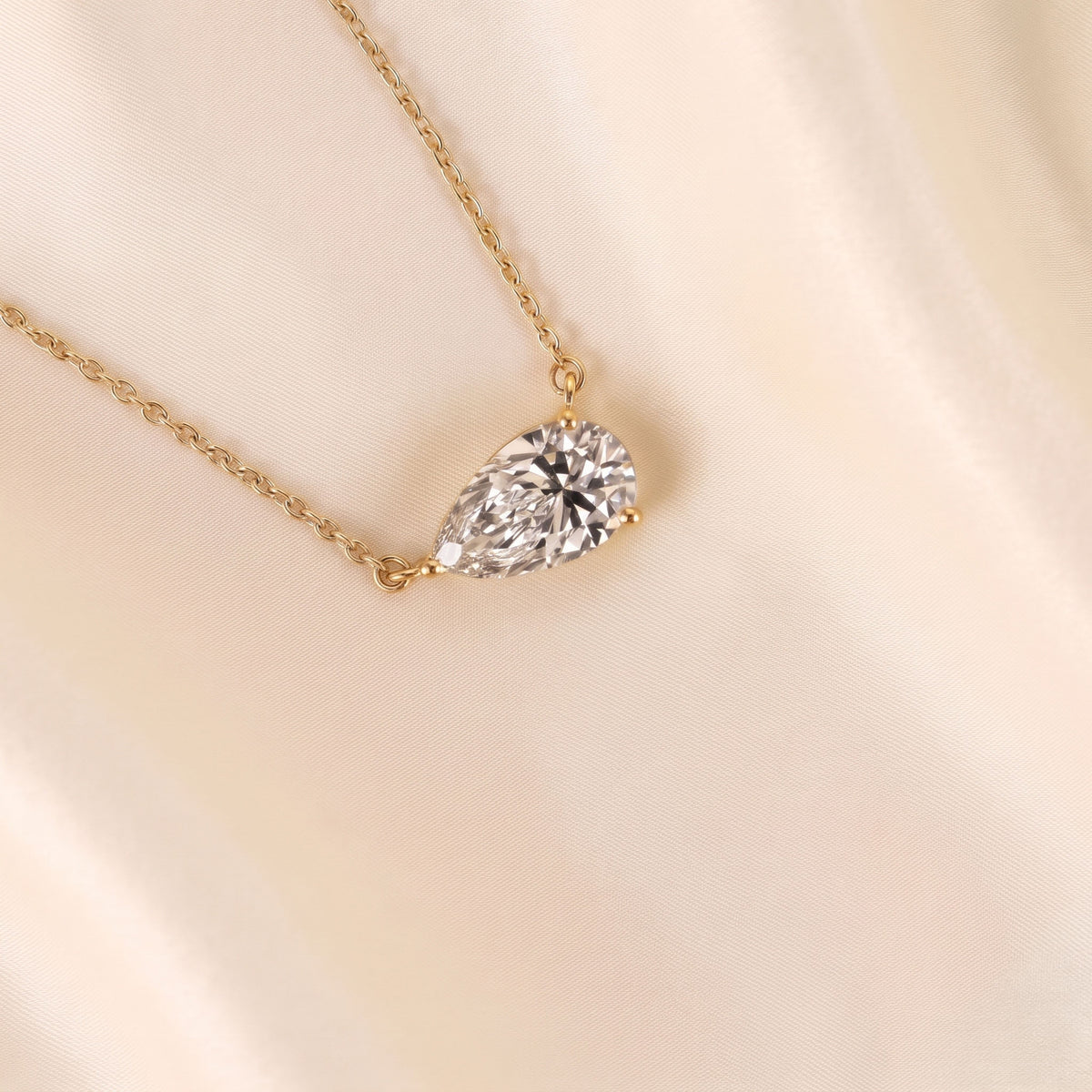 East West Solitaire Pear Cut Necklace In With Chain 10K Yellow Gold 2 CTW